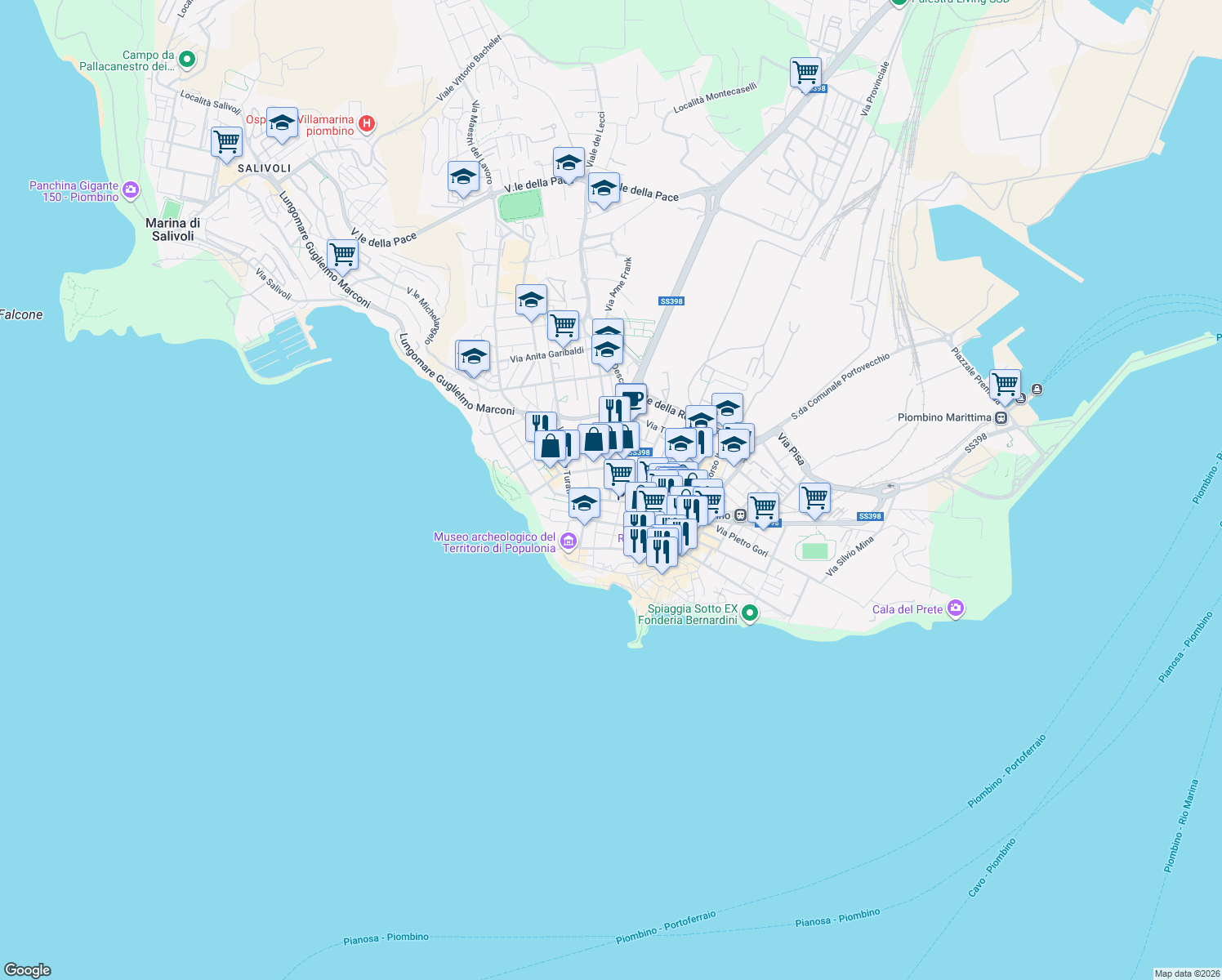 map of restaurants, bars, coffee shops, grocery stores, and more near 60 Via Edmondo De Amicis in Piombino