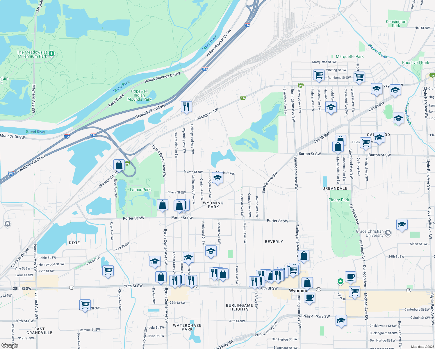 map of restaurants, bars, coffee shops, grocery stores, and more near 2052 Melvin Street Southwest in Wyoming
