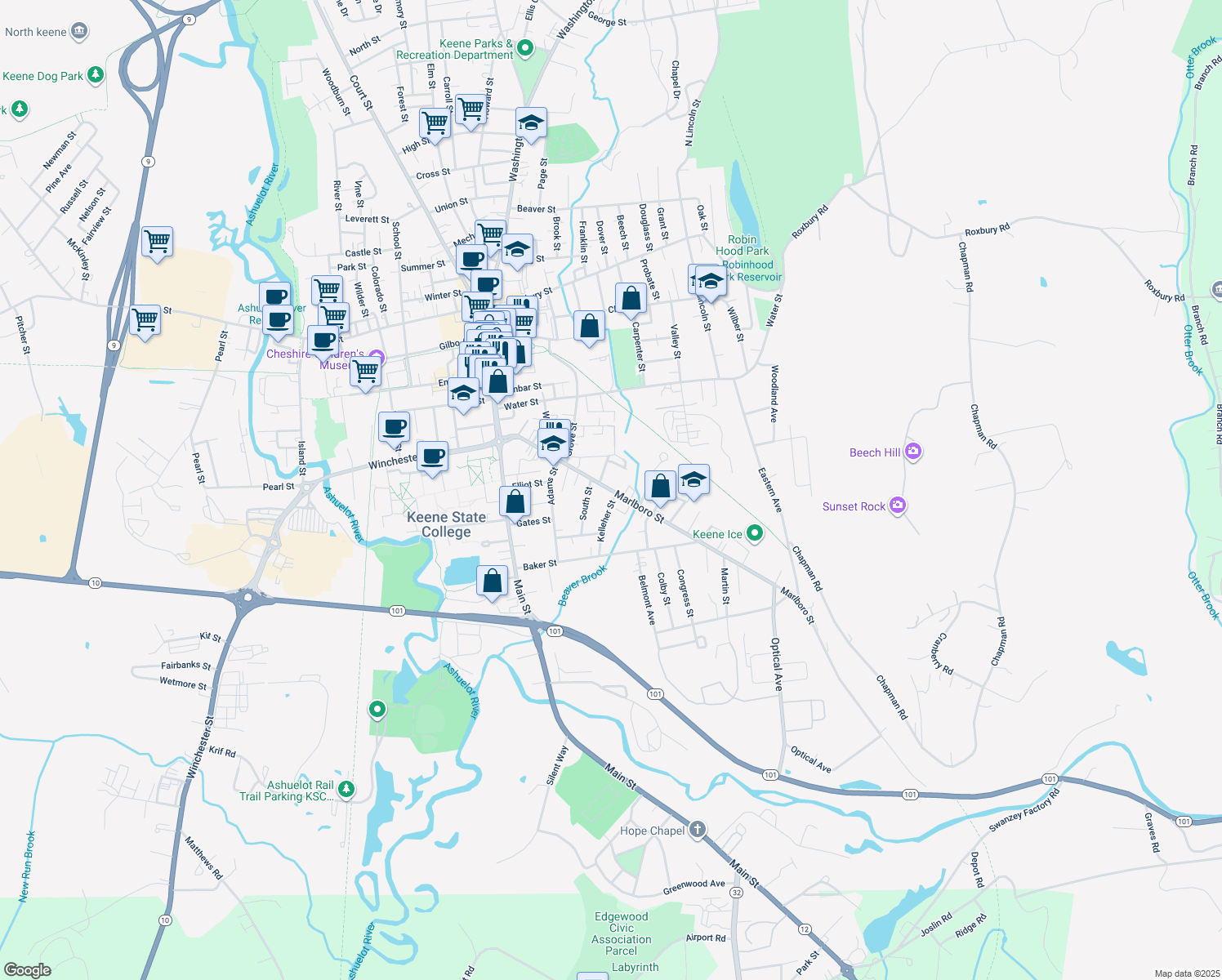 map of restaurants, bars, coffee shops, grocery stores, and more near 178 Marlboro Street in Keene