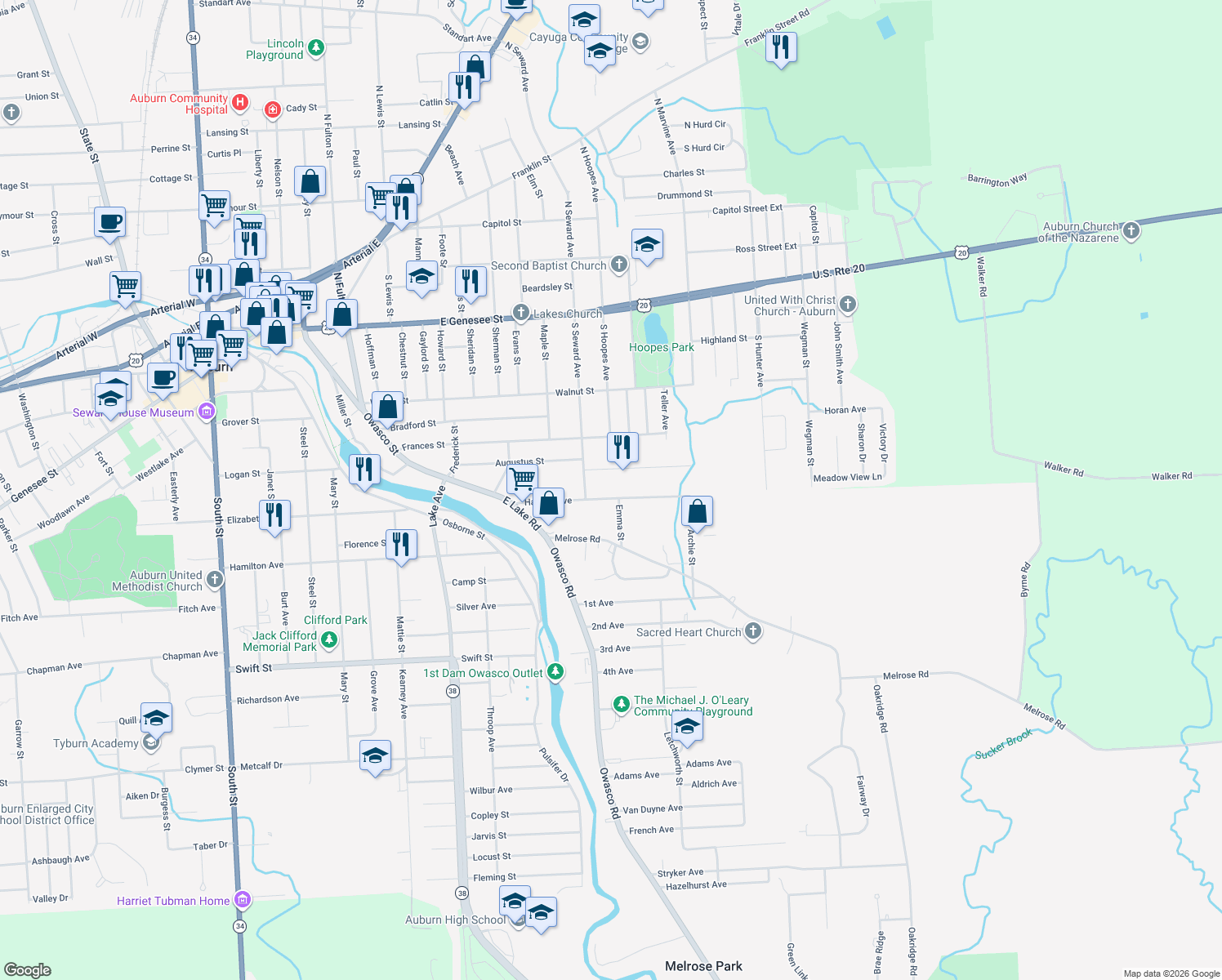 map of restaurants, bars, coffee shops, grocery stores, and more near 47 Havens Avenue in Auburn