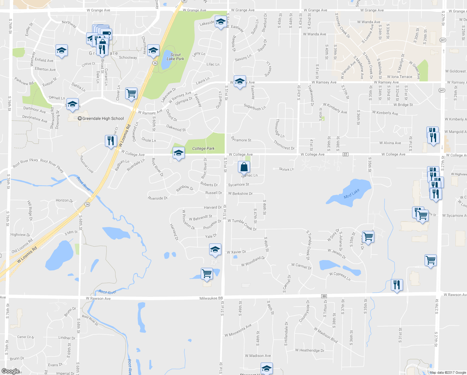 map of restaurants, bars, coffee shops, grocery stores, and more near 5041 Sycamore Street in Greendale