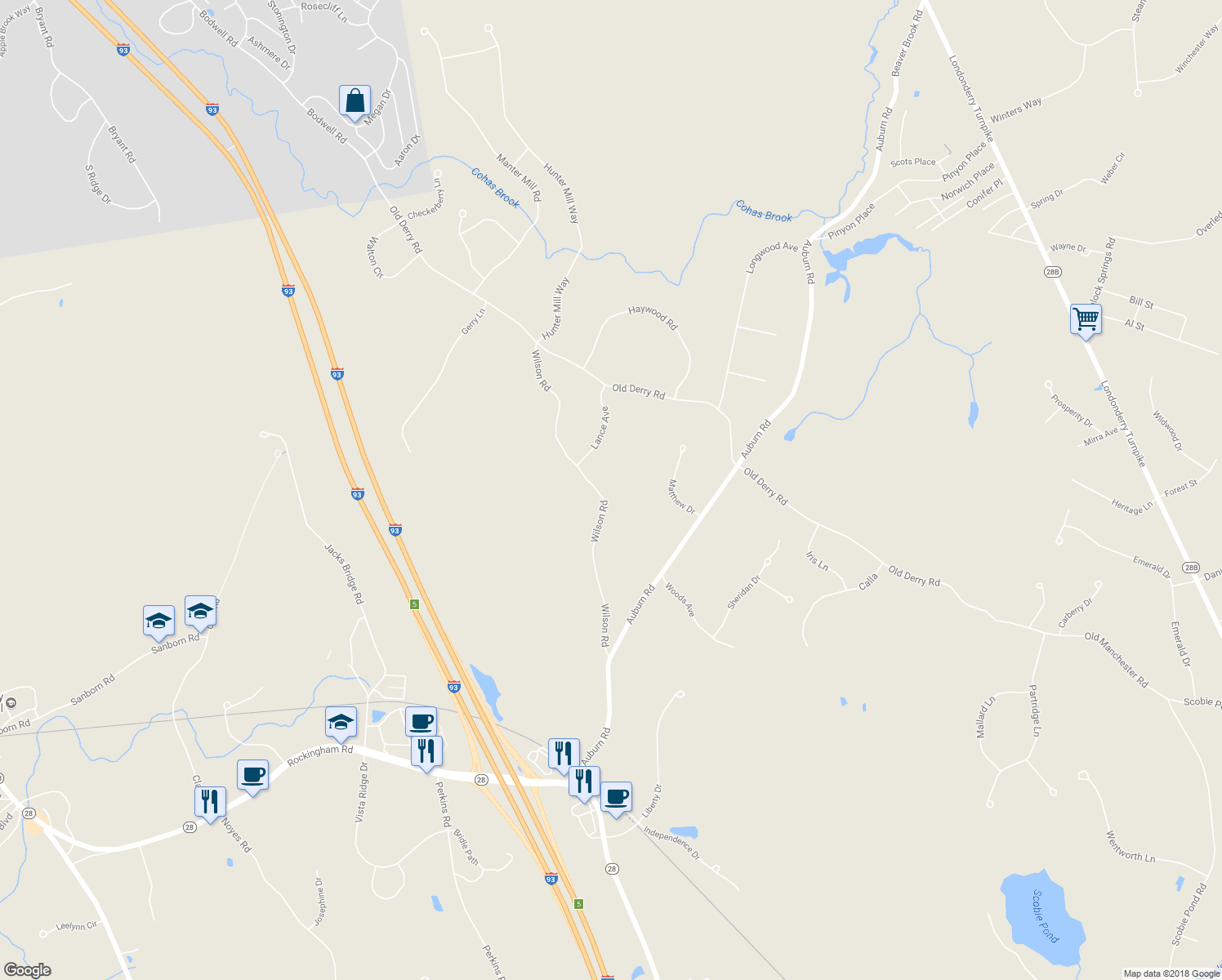 map of restaurants, bars, coffee shops, grocery stores, and more near 32 Wilson Road in Londonderry