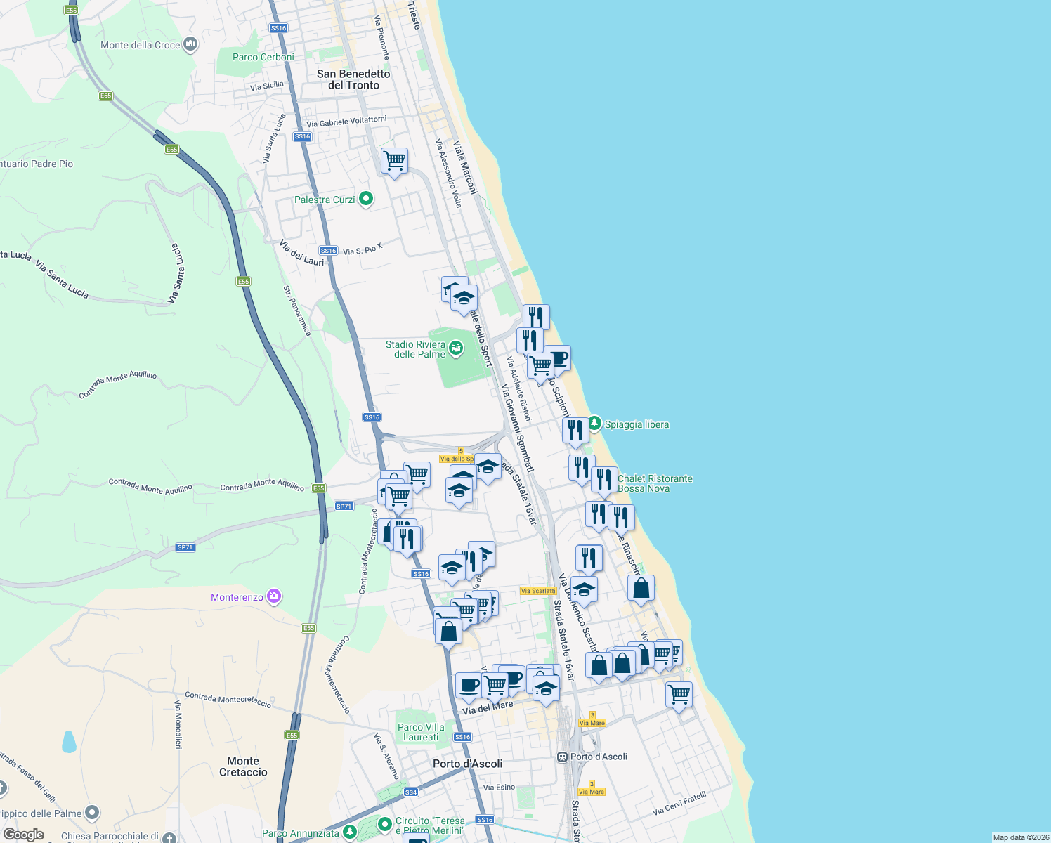 map of restaurants, bars, coffee shops, grocery stores, and more near 30 Via Adelaide Ristori in San Benedetto del Tronto