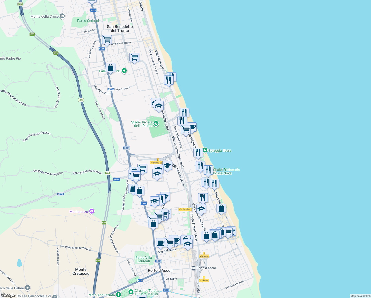 map of restaurants, bars, coffee shops, grocery stores, and more near 30 Via Adelaide Ristori in San Benedetto del Tronto