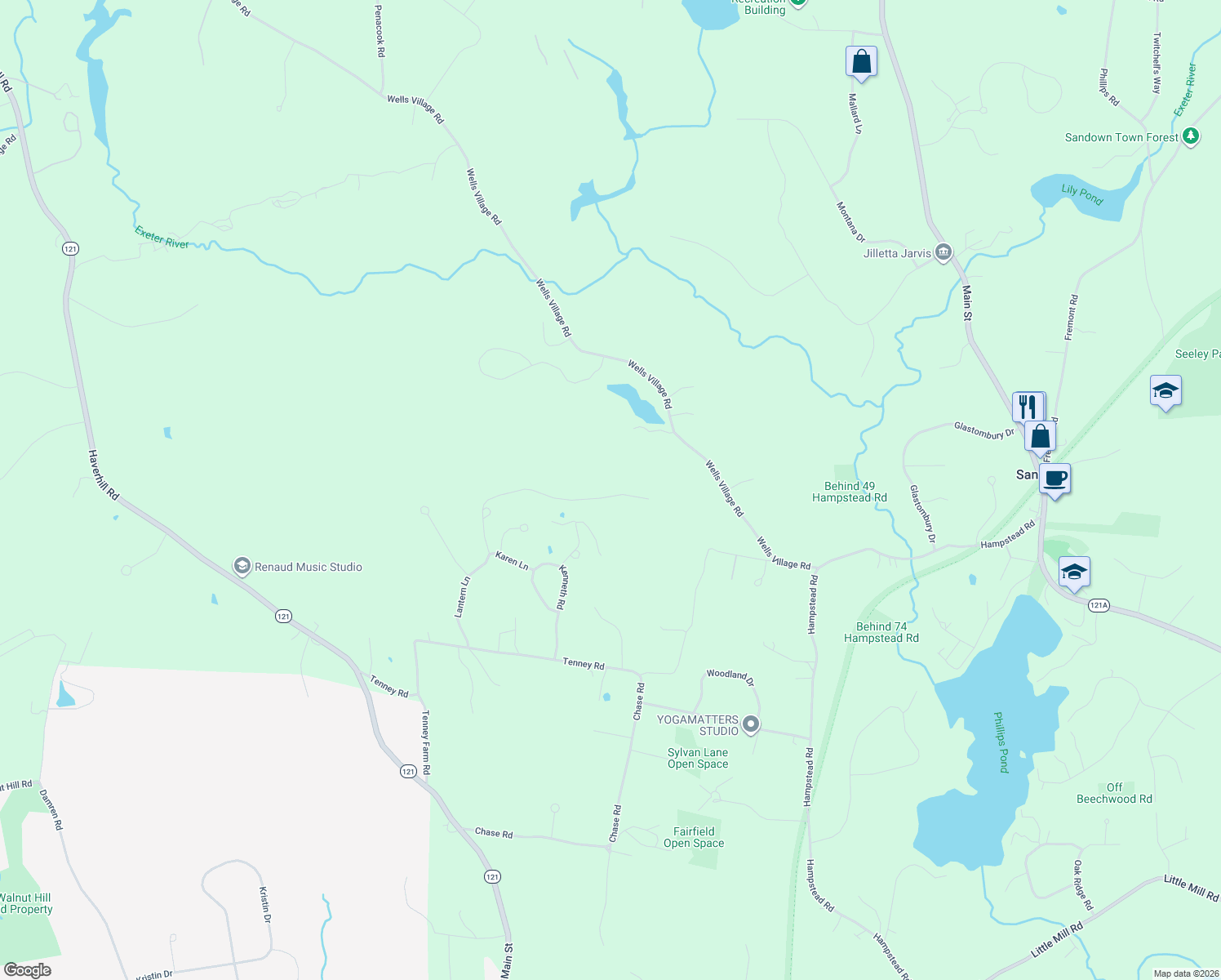 map of restaurants, bars, coffee shops, grocery stores, and more near 1 Wells Village Circle in Sandown