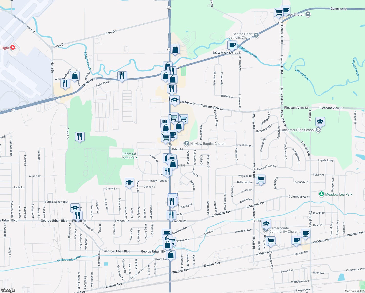 map of restaurants, bars, coffee shops, grocery stores, and more near 22 Rehm Road in Depew