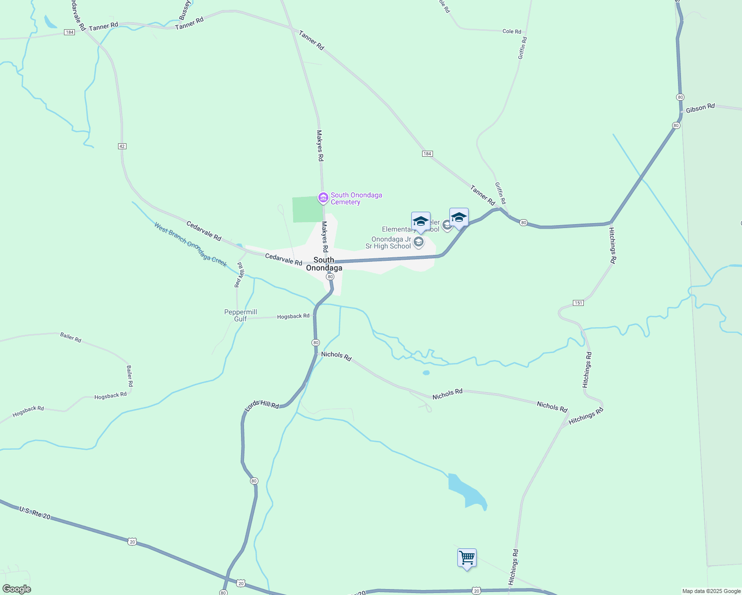 map of restaurants, bars, coffee shops, grocery stores, and more near 4410 S Onondaga Rd in Nedrow