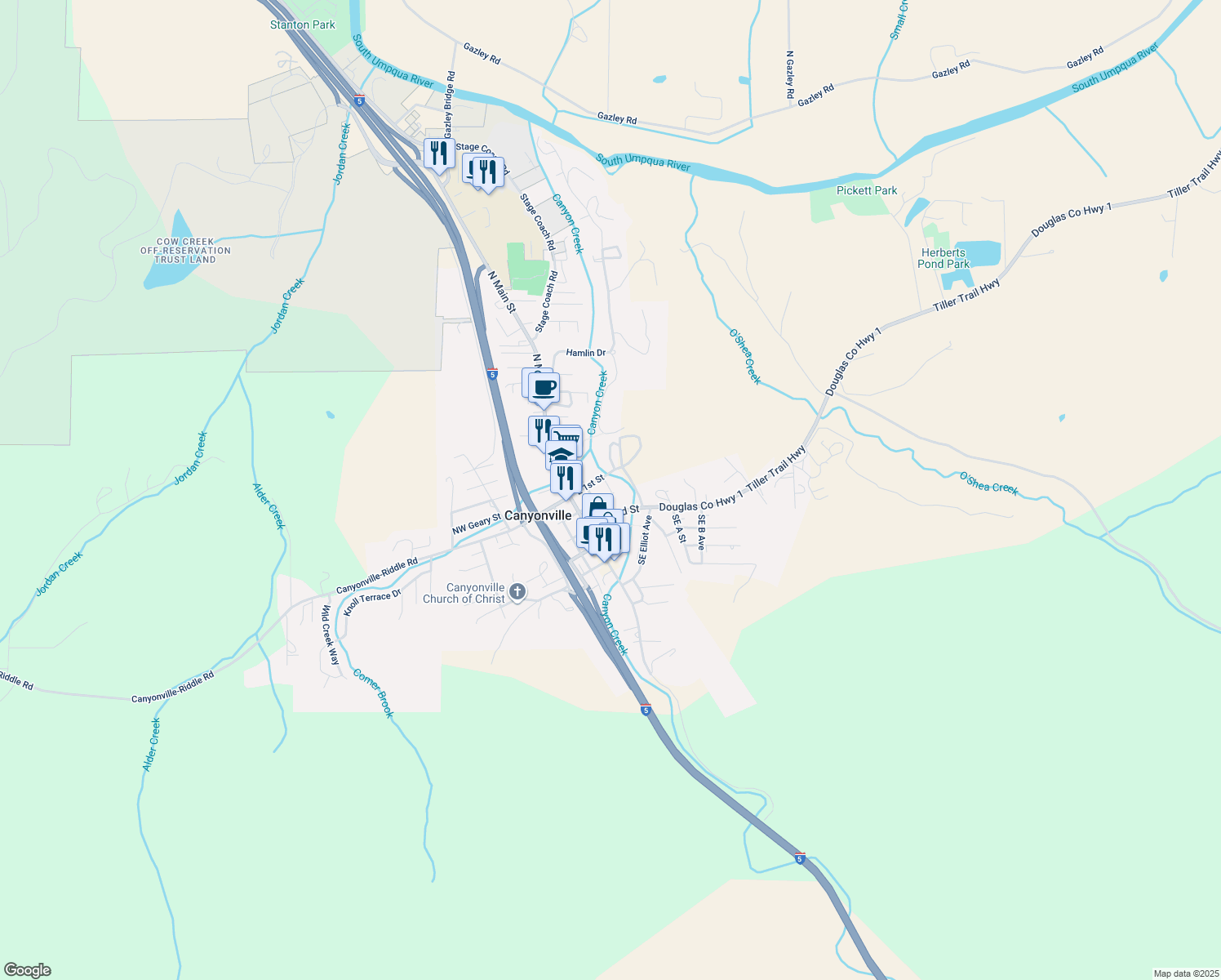 map of restaurants, bars, coffee shops, grocery stores, and more near 249 Southeast 2nd Street in Canyonville