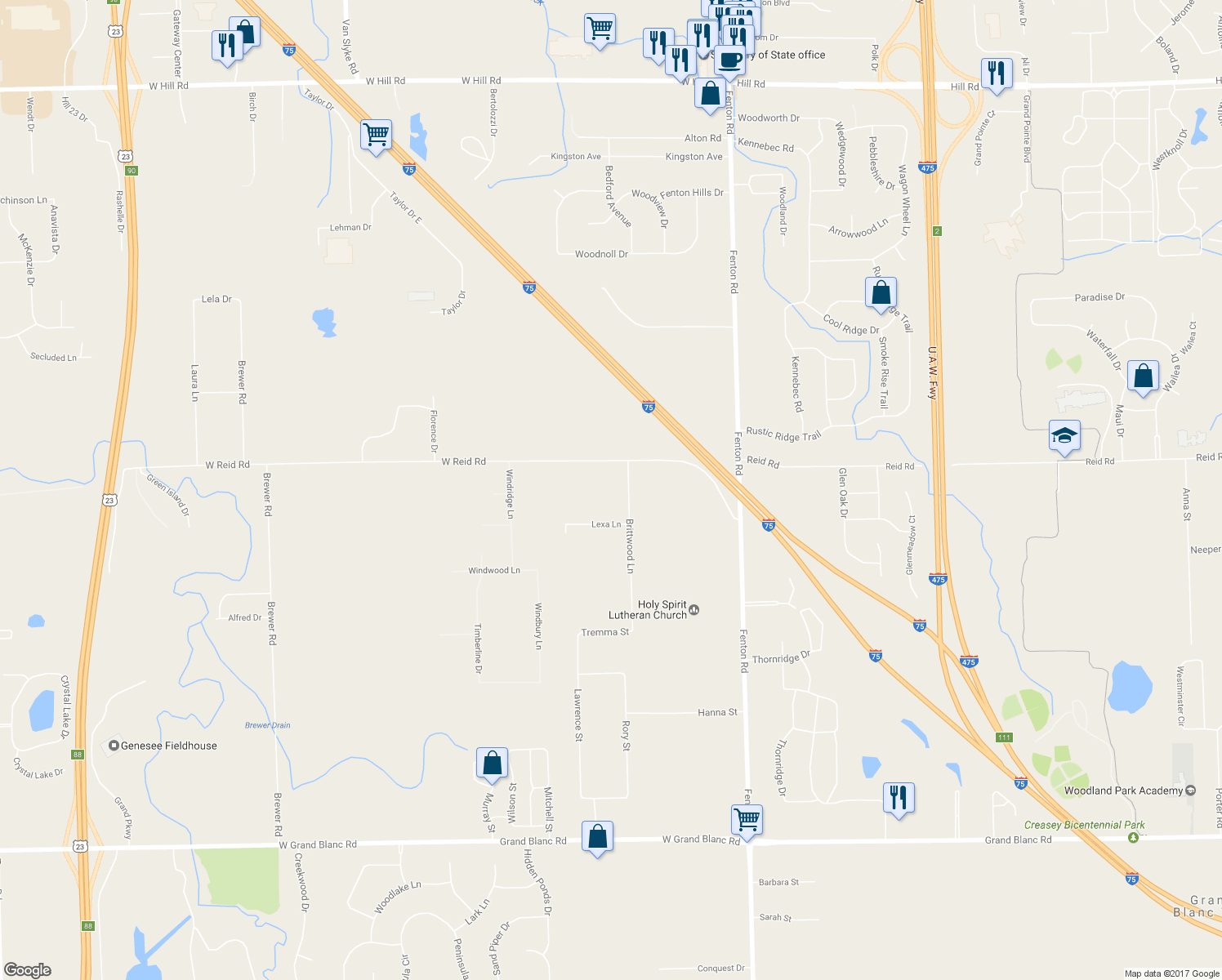 map of restaurants, bars, coffee shops, grocery stores, and more near 7040 Brittwood Lane in Flint