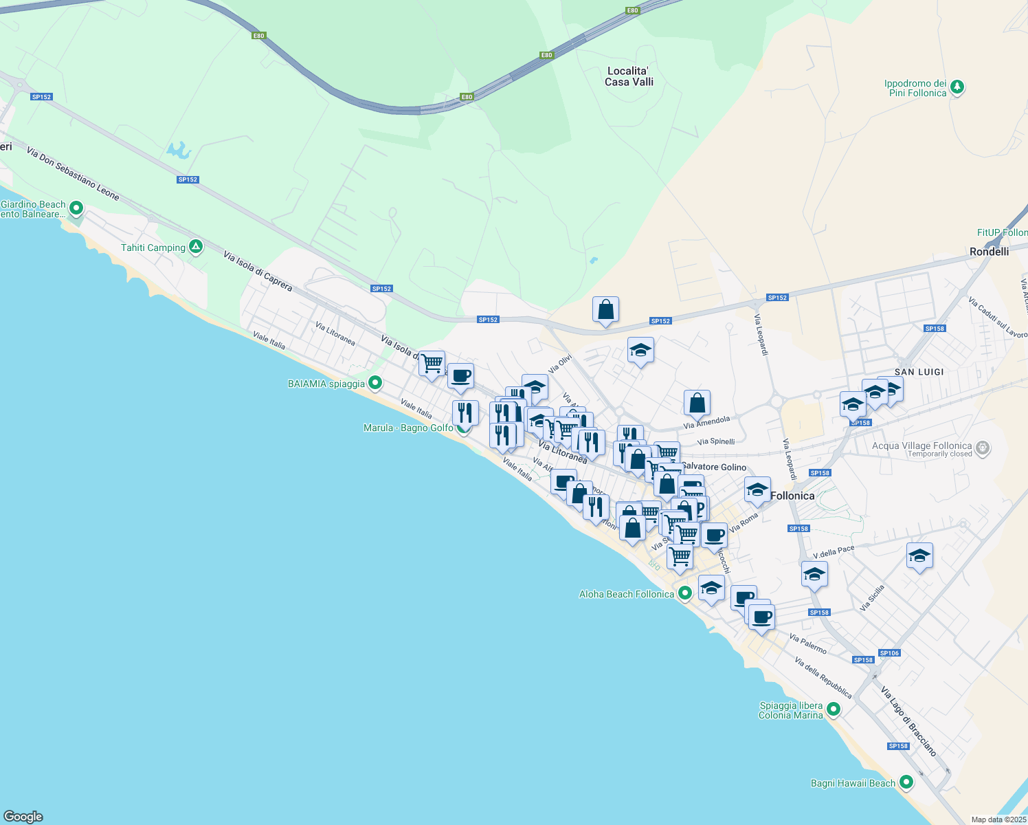 map of restaurants, bars, coffee shops, grocery stores, and more near 63 Via Don Bigi in Follonica