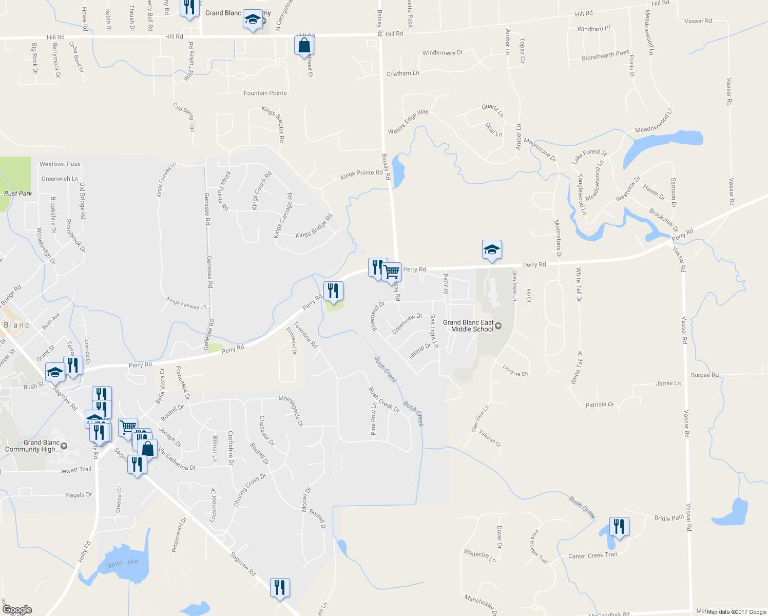 map of restaurants, bars, coffee shops, grocery stores, and more near 12023 Riverbend Drive in Grand Blanc