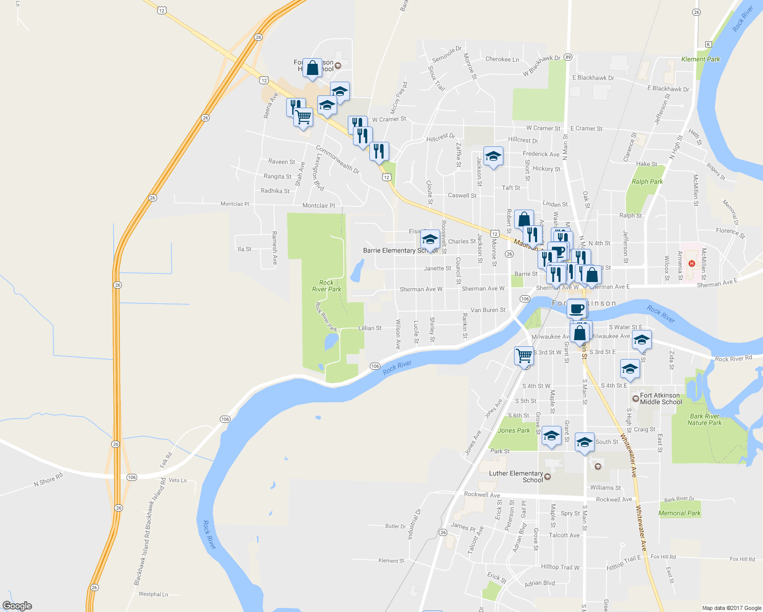 map of restaurants, bars, coffee shops, grocery stores, and more near 1222 Van Buren Street in Fort Atkinson