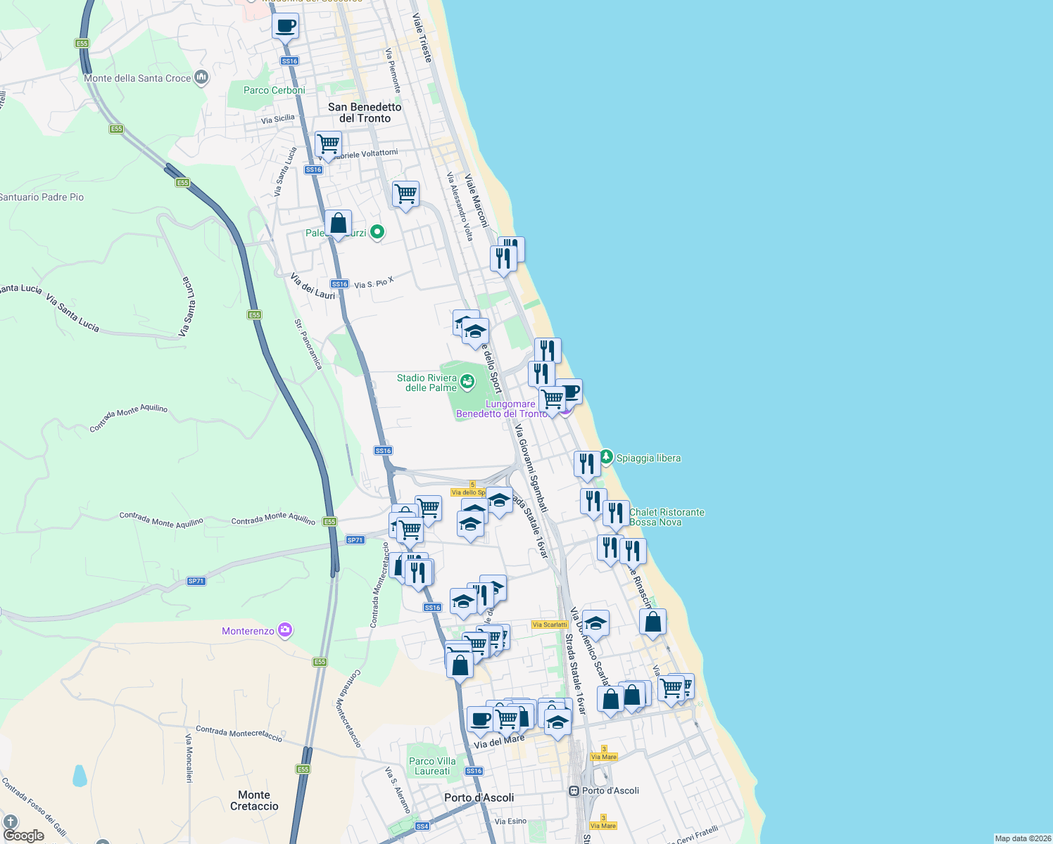 map of restaurants, bars, coffee shops, grocery stores, and more near 16 Via Adelaide Ristori in San Benedetto del Tronto