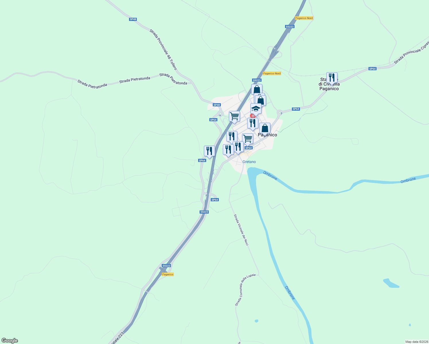 map of restaurants, bars, coffee shops, grocery stores, and more near 1A E78 in Paganico