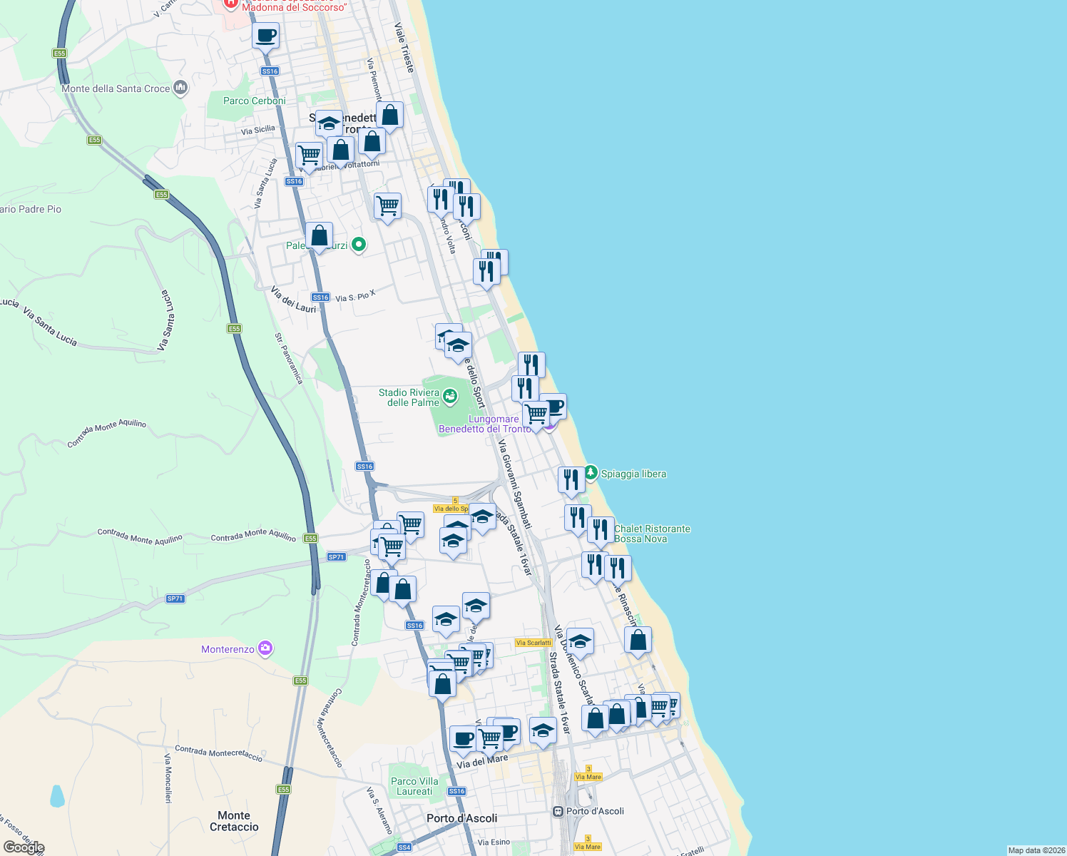 map of restaurants, bars, coffee shops, grocery stores, and more near 16 Via Adelaide Ristori in San Benedetto del Tronto