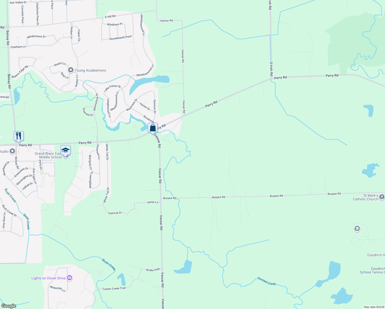 map of restaurants, bars, coffee shops, grocery stores, and more near 7163 Burpee Road in Grand Blanc