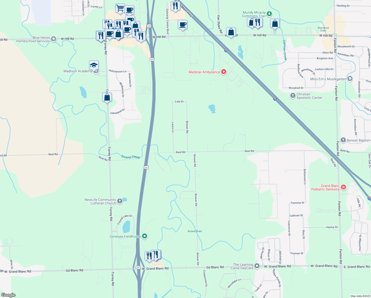 map of restaurants, bars, coffee shops, grocery stores, and more near 2174 W Reid Rd in Flint