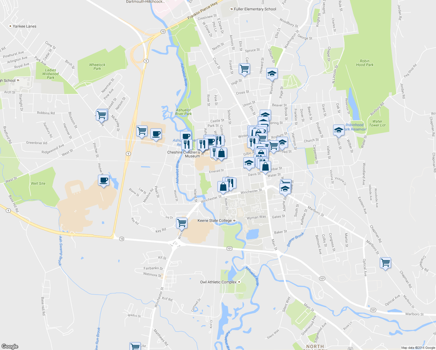 map of restaurants, bars, coffee shops, grocery stores, and more near 160 Emerald Street in Keene