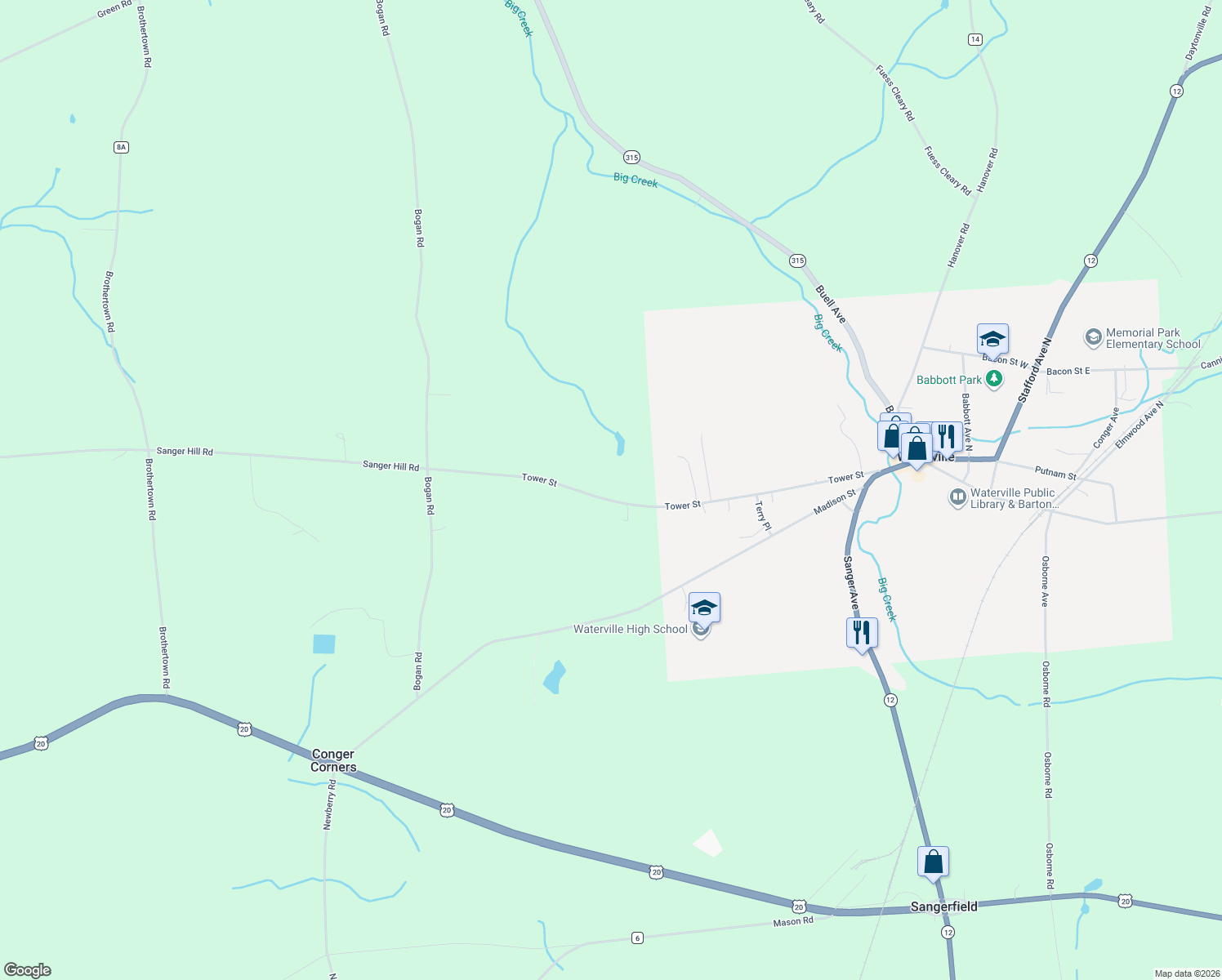 map of restaurants, bars, coffee shops, grocery stores, and more near 7413 Sanger Hill Rd in Waterville