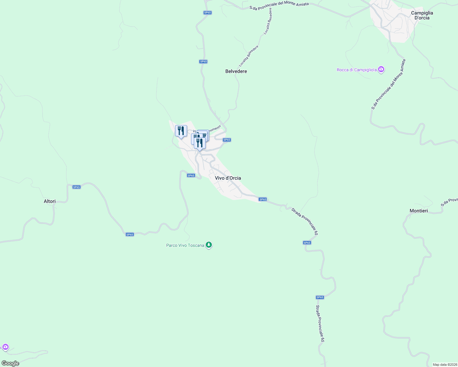 map of restaurants, bars, coffee shops, grocery stores, and more near 152 Via Amiata in Vivo D'orcia