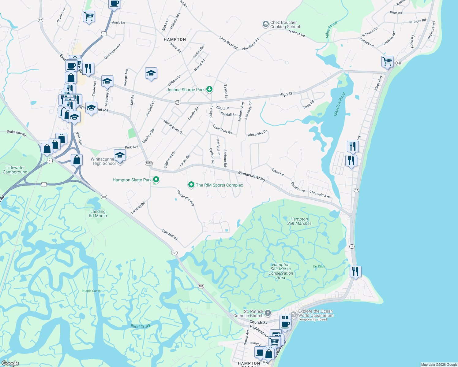map of restaurants, bars, coffee shops, grocery stores, and more near 6 Richard Street in Hampton