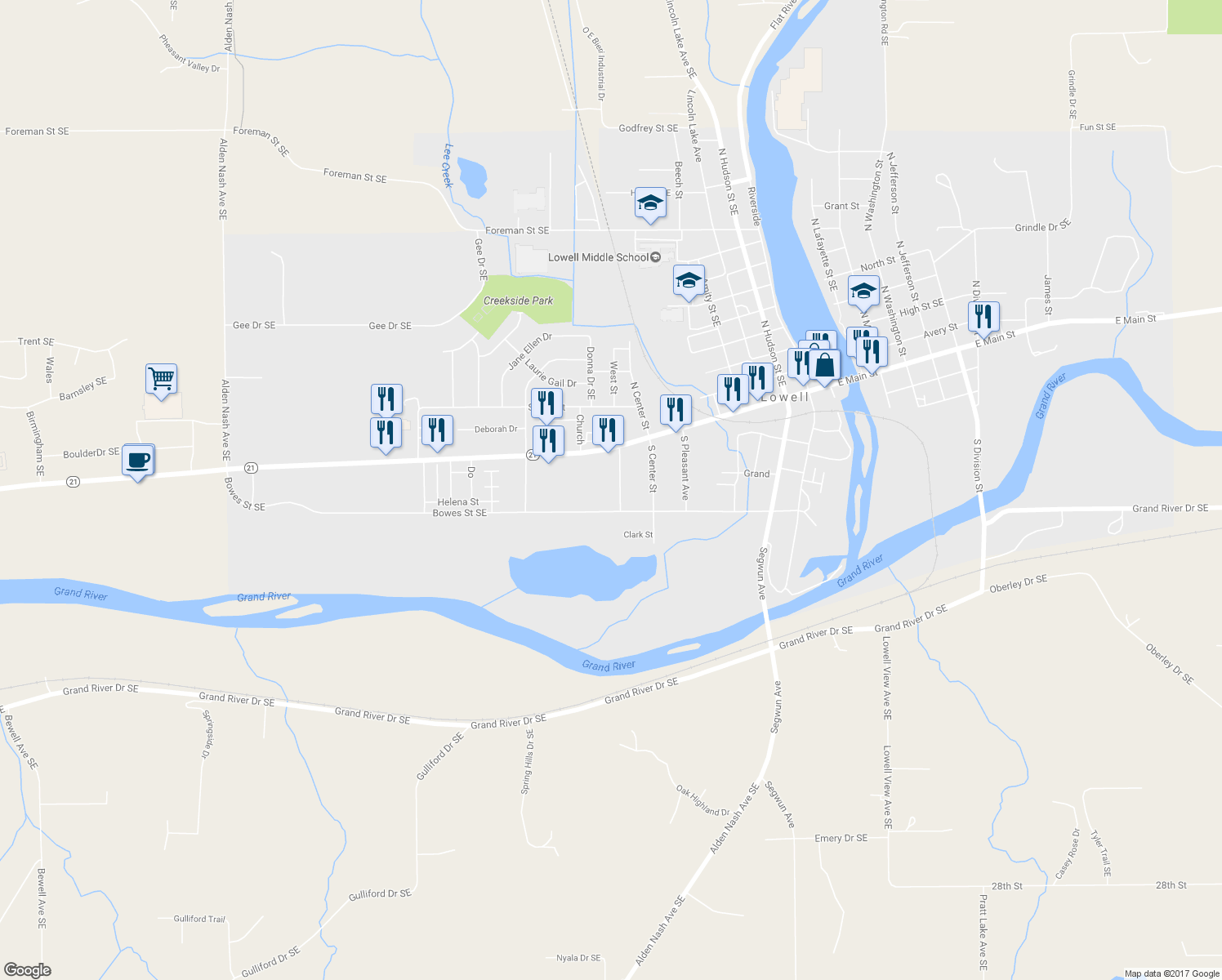 map of restaurants, bars, coffee shops, grocery stores, and more near 162 South West Avenue Southeast in Lowell