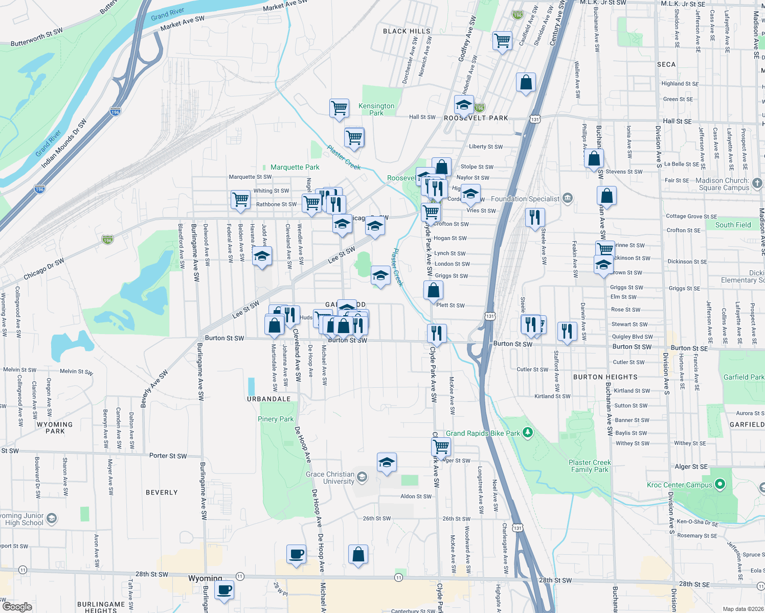 map of restaurants, bars, coffee shops, grocery stores, and more near 1900 Galewood Avenue Southwest in Wyoming