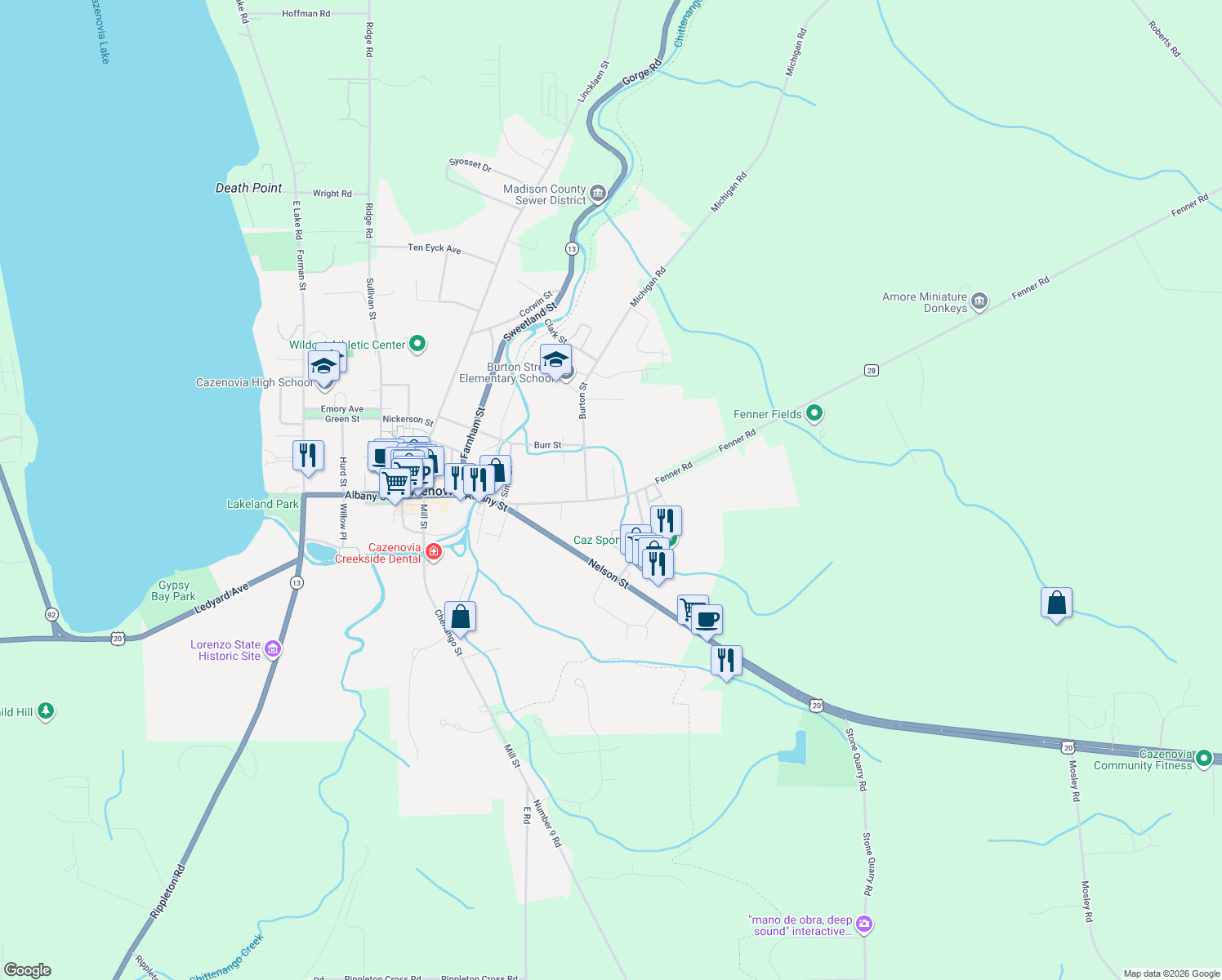 map of restaurants, bars, coffee shops, grocery stores, and more near 51 Fenner Street in Cazenovia