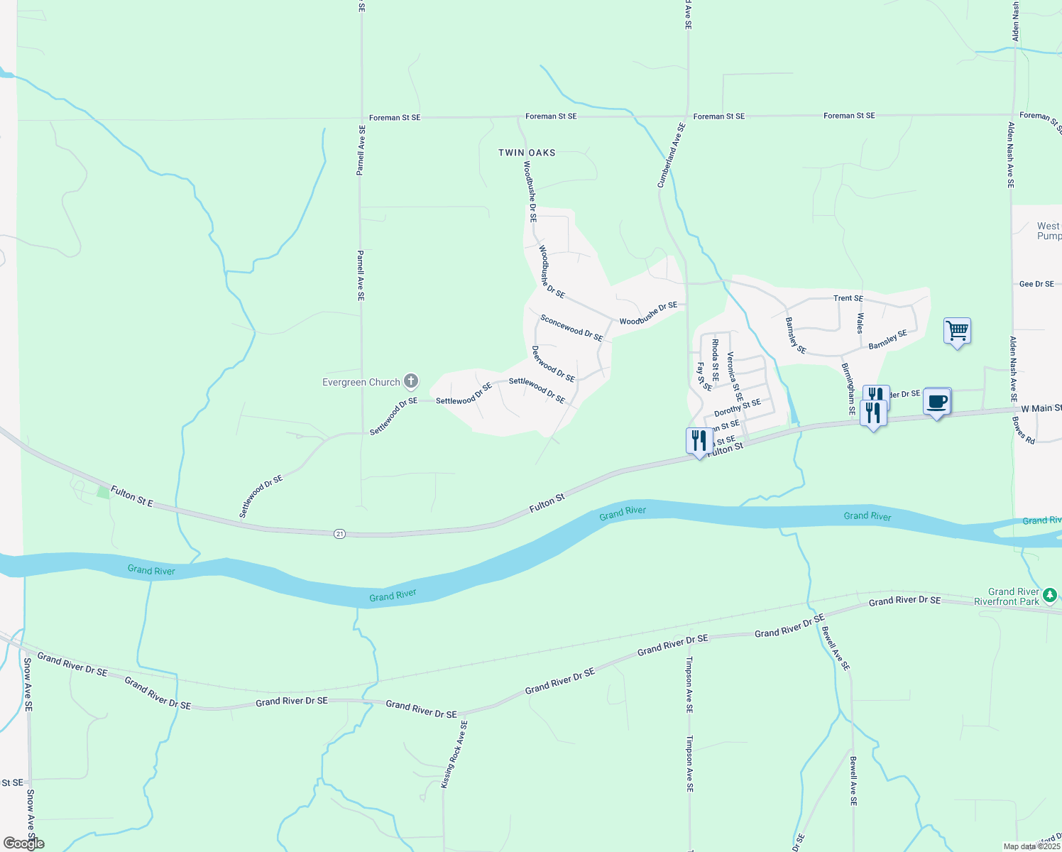 map of restaurants, bars, coffee shops, grocery stores, and more near 1901 Berrywood Drive Southeast in Lowell