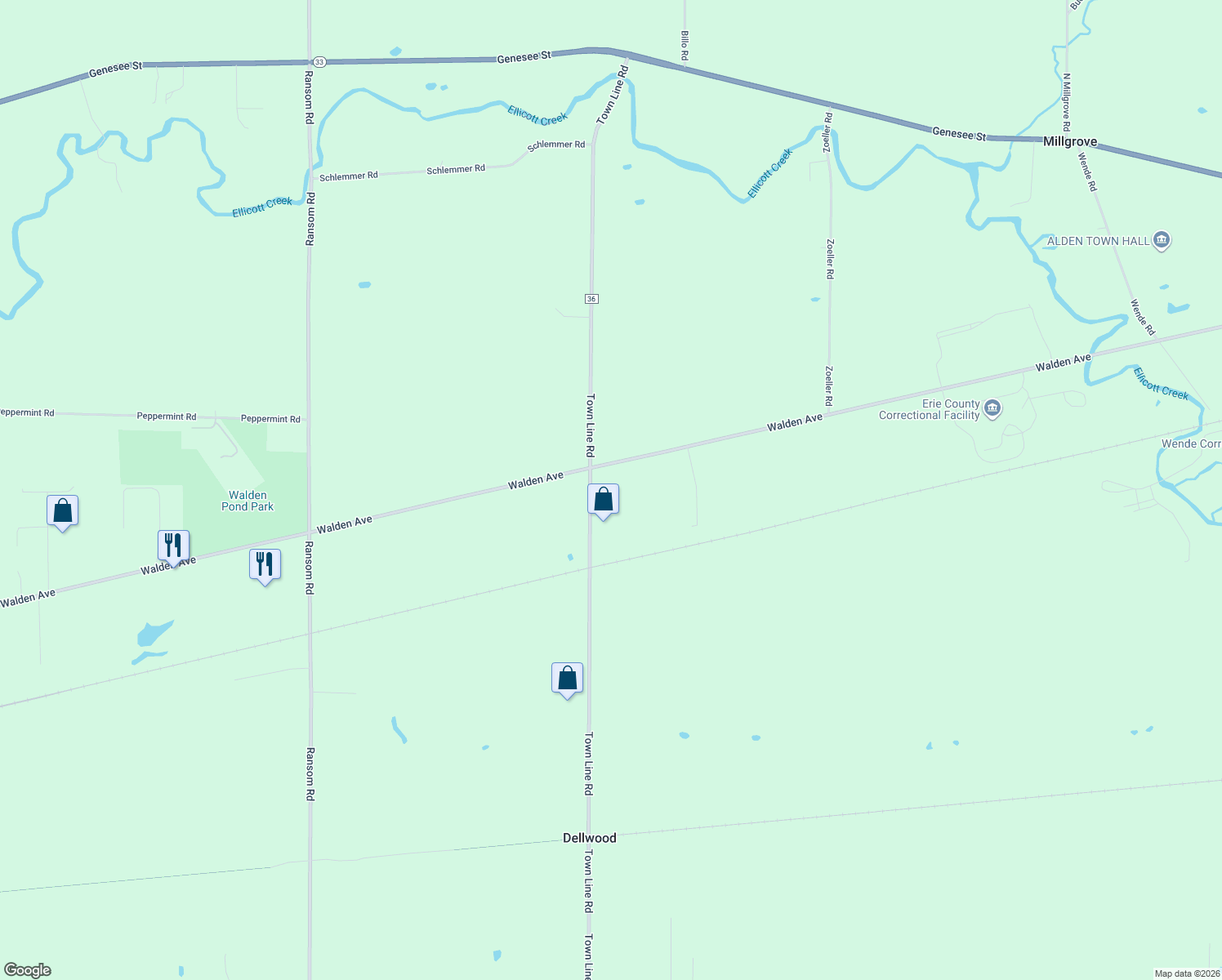 map of restaurants, bars, coffee shops, grocery stores, and more near 11035 Walden Ave in Alden