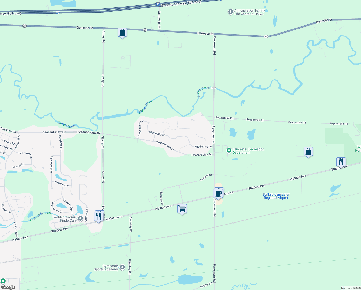 map of restaurants, bars, coffee shops, grocery stores, and more near 6 Bennington Lane in Lancaster