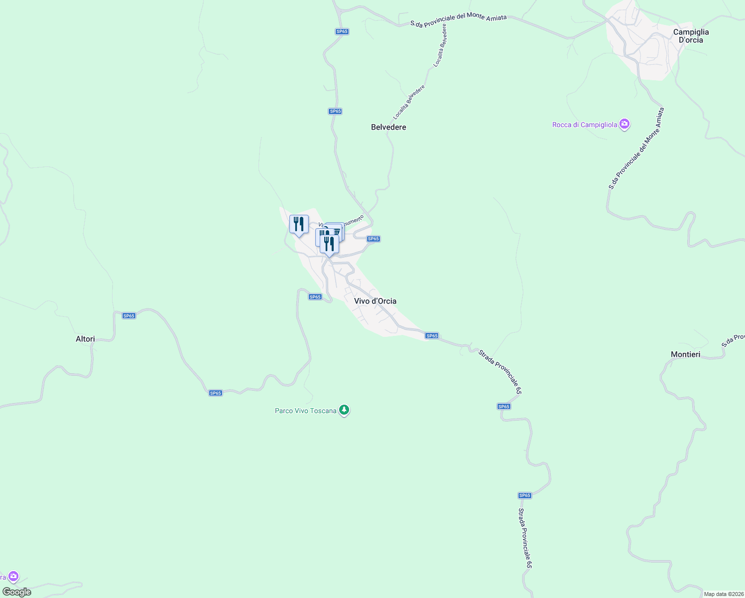 map of restaurants, bars, coffee shops, grocery stores, and more near 152 Via Amiata in Vivo D'orcia