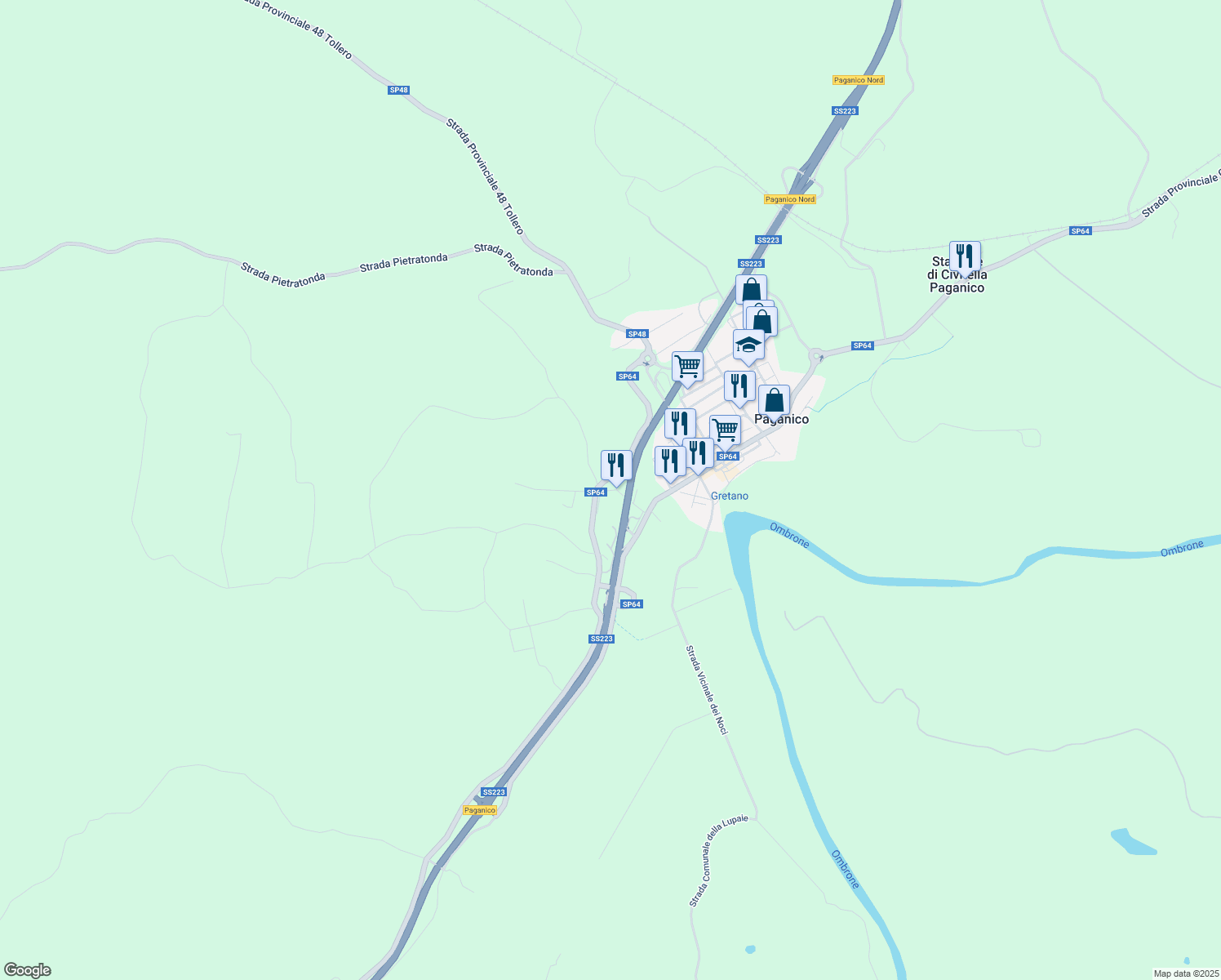 map of restaurants, bars, coffee shops, grocery stores, and more near 1A E78 in Paganico