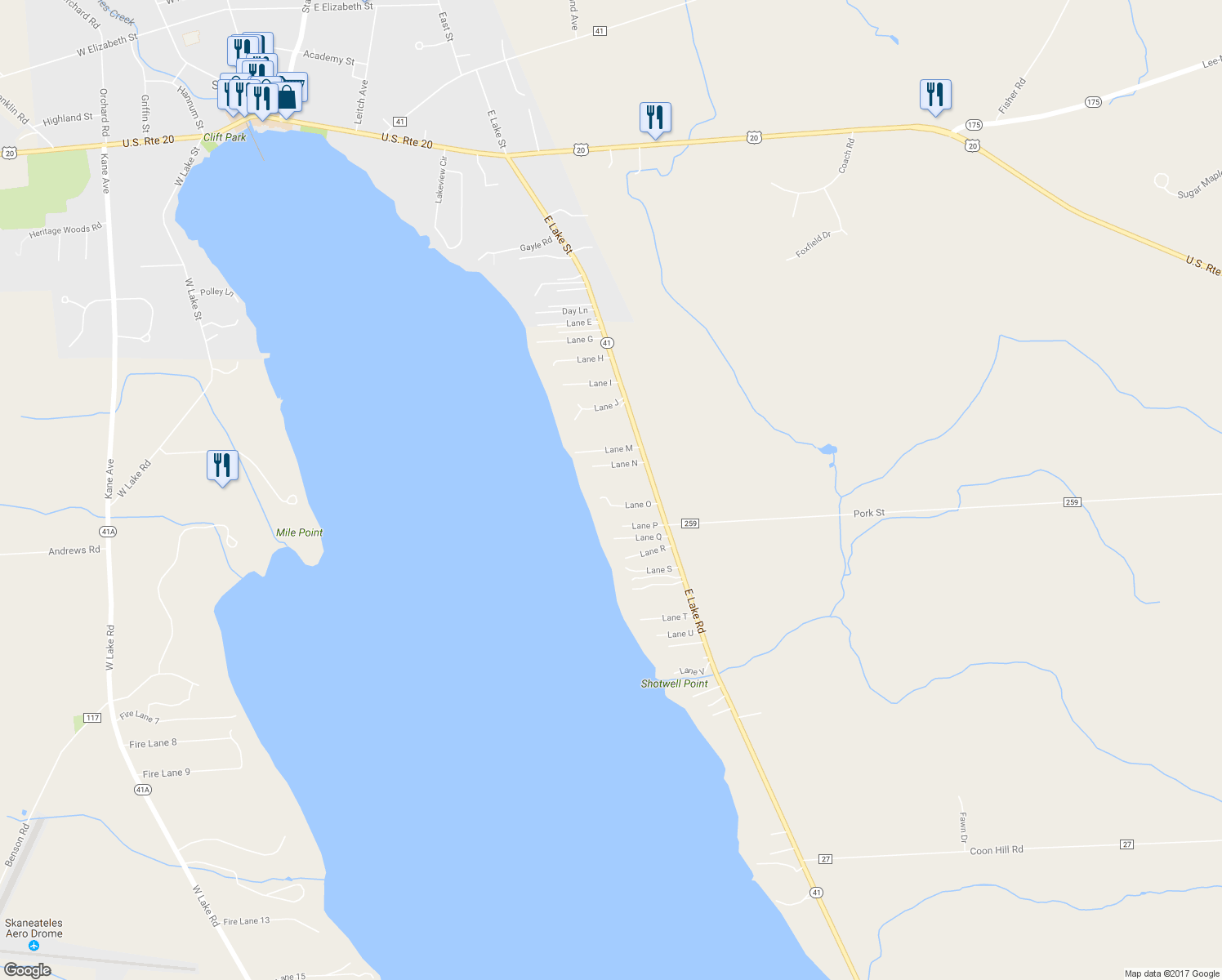 map of restaurants, bars, coffee shops, grocery stores, and more near 3321 East Lake Road in Skaneateles