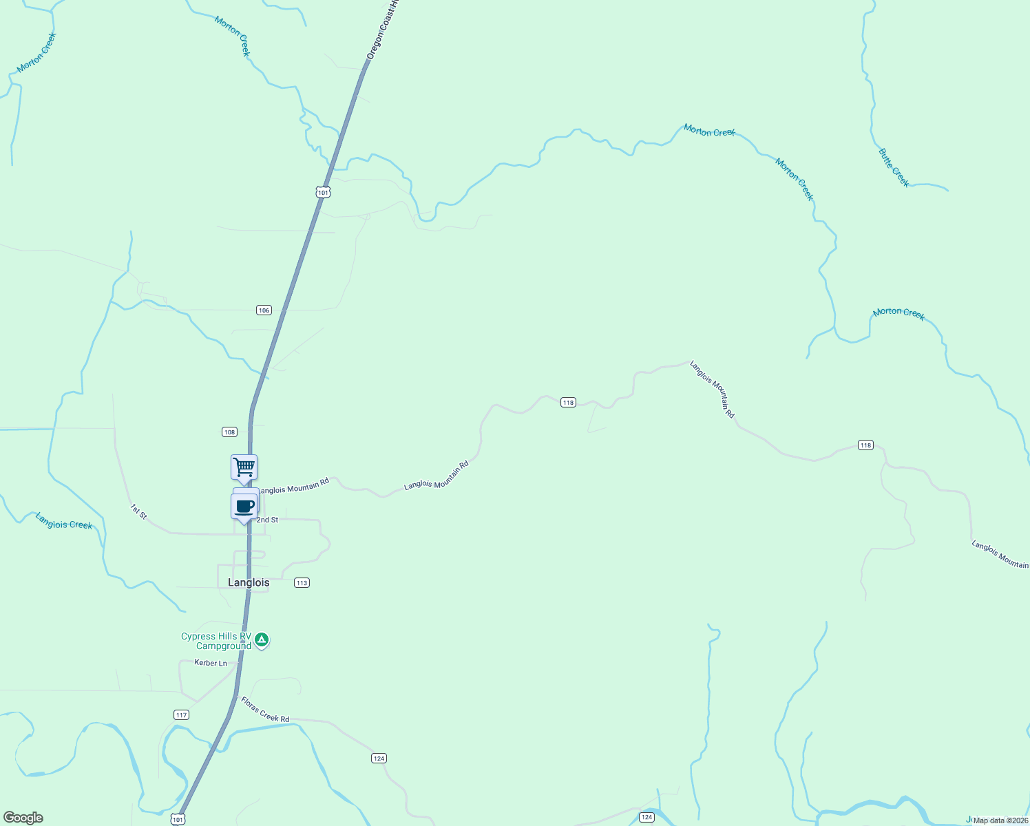 map of restaurants, bars, coffee shops, grocery stores, and more near 94651 Langlois Mountain Road in Langlois
