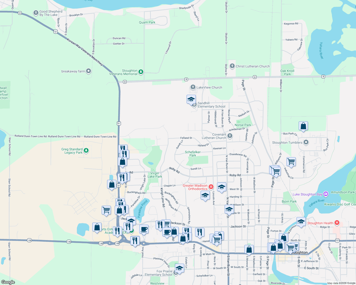 map of restaurants, bars, coffee shops, grocery stores, and more near 1448 Sundt Lane in Stoughton