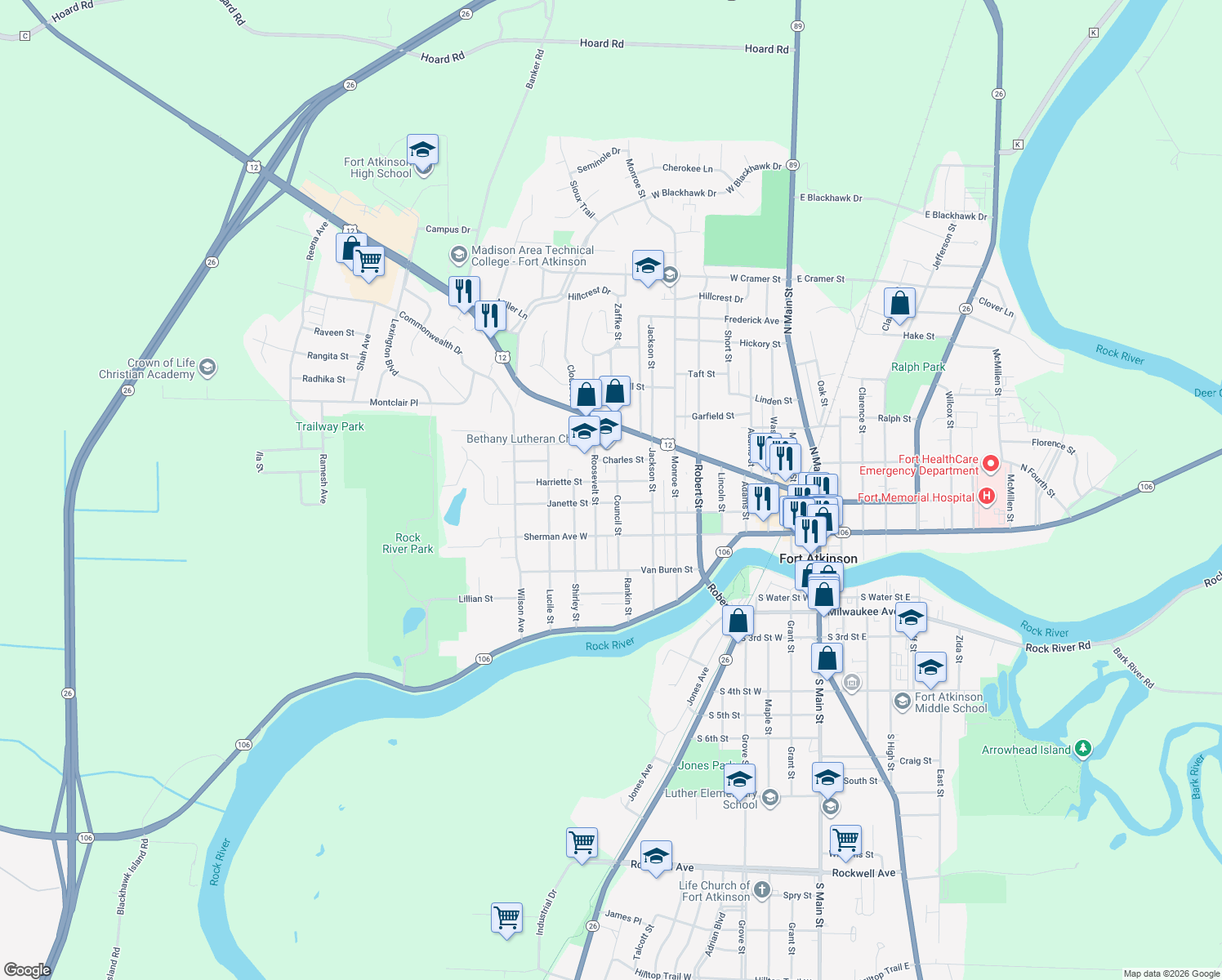 map of restaurants, bars, coffee shops, grocery stores, and more near 309 Council Street in Fort Atkinson