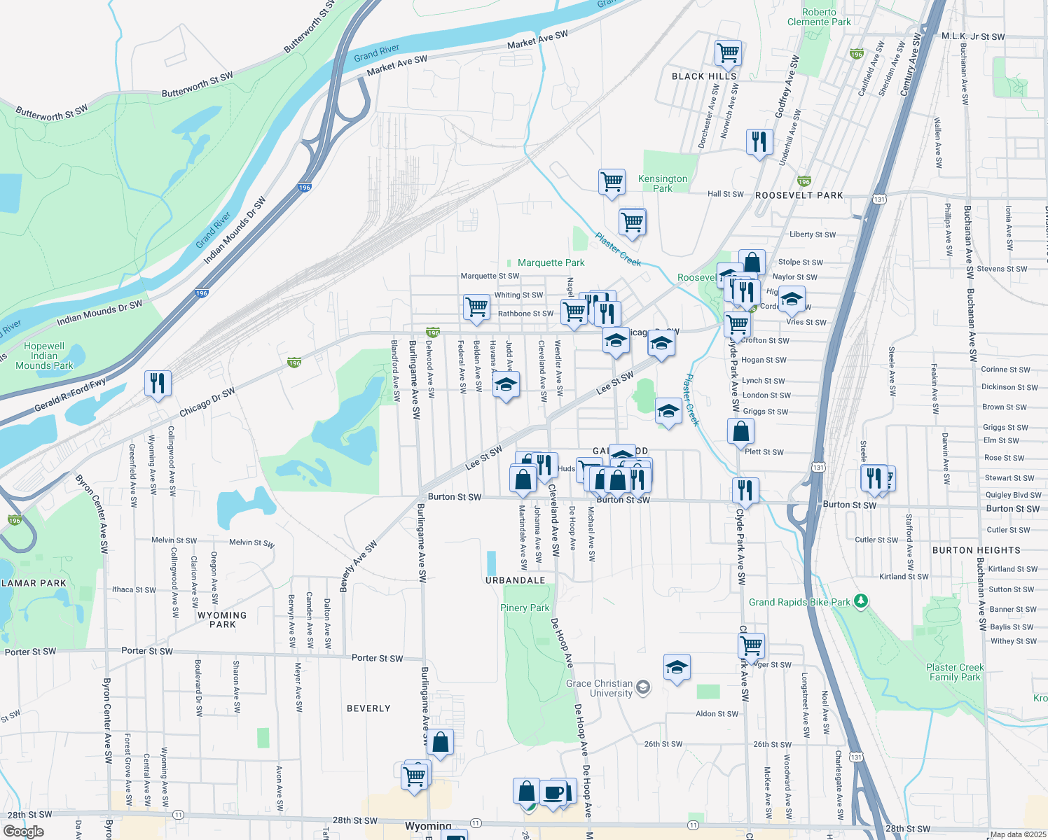 map of restaurants, bars, coffee shops, grocery stores, and more near 1811 Martindale Avenue Southwest in Wyoming