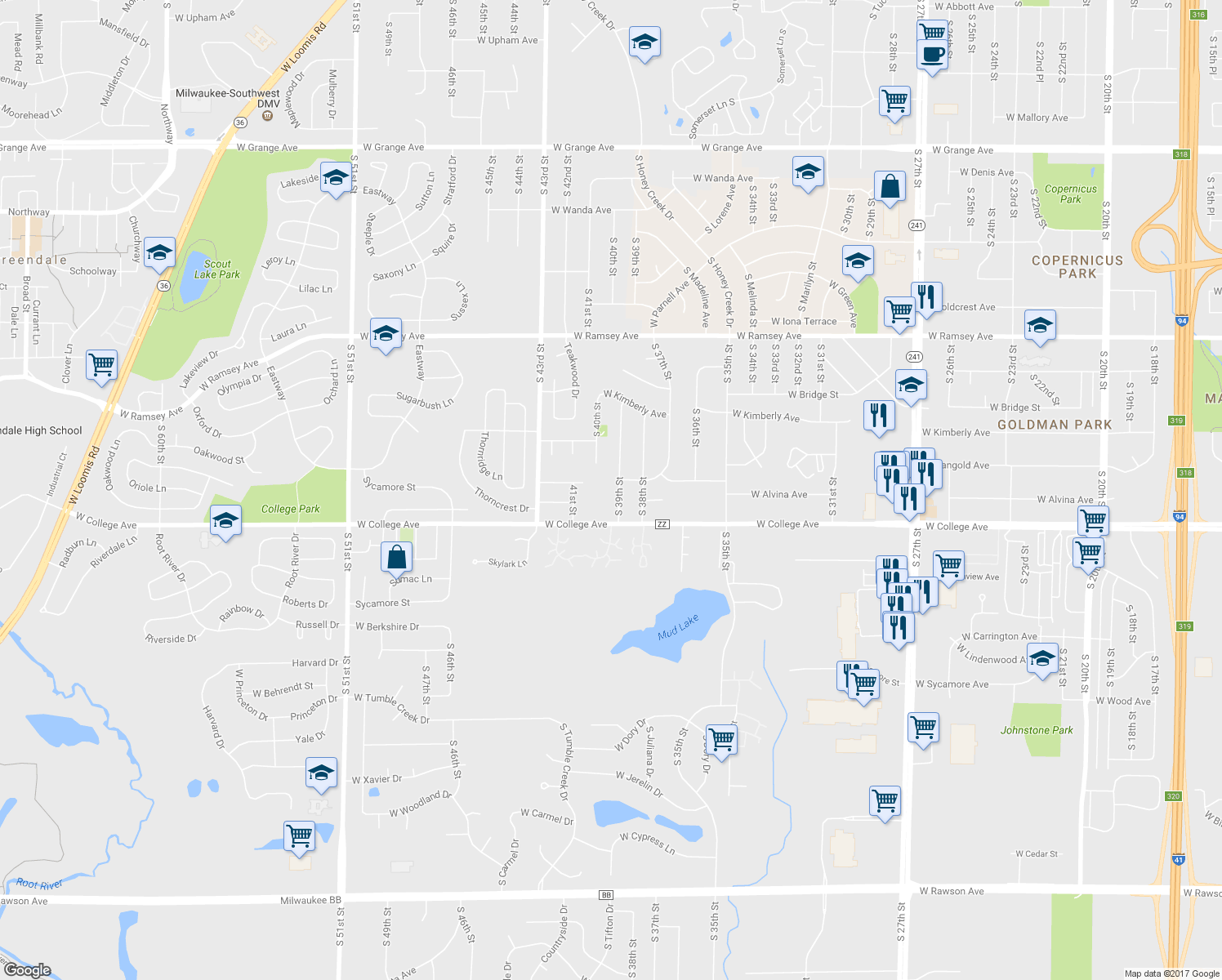 map of restaurants, bars, coffee shops, grocery stores, and more near 6215 South 39th Street in Greenfield
