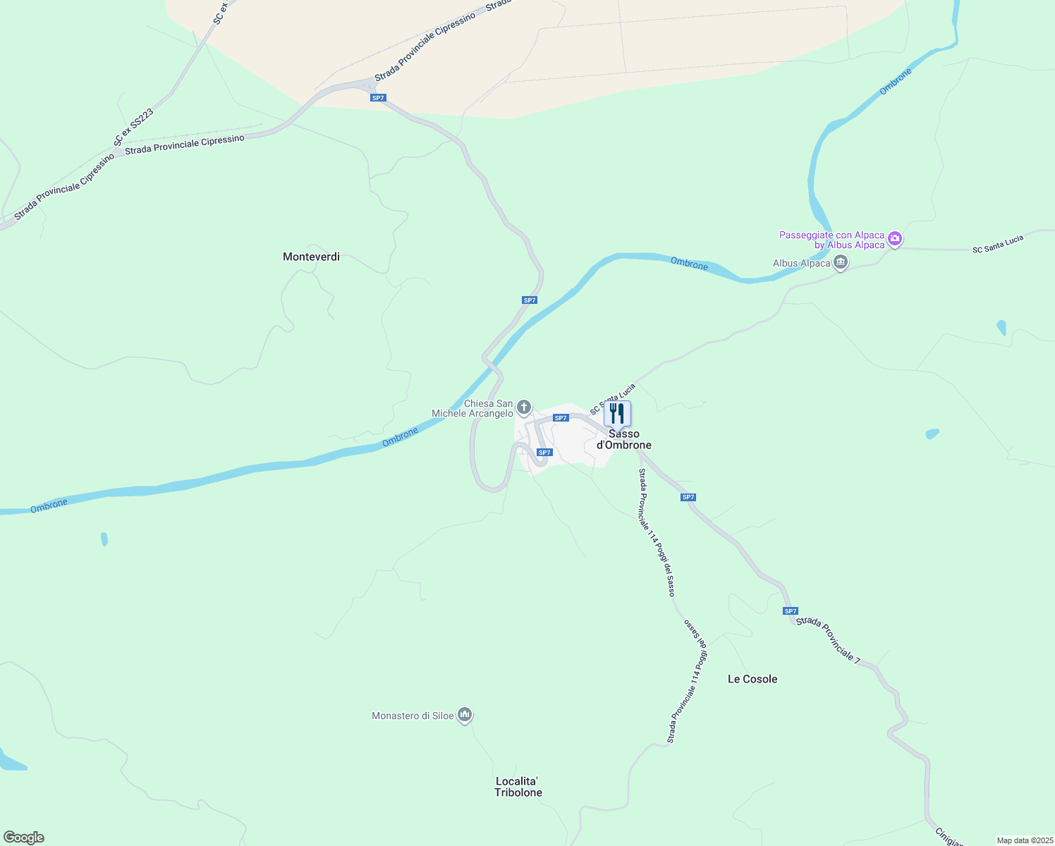 map of restaurants, bars, coffee shops, grocery stores, and more near 3 Via delle Vigne in Sasso D'ombrone