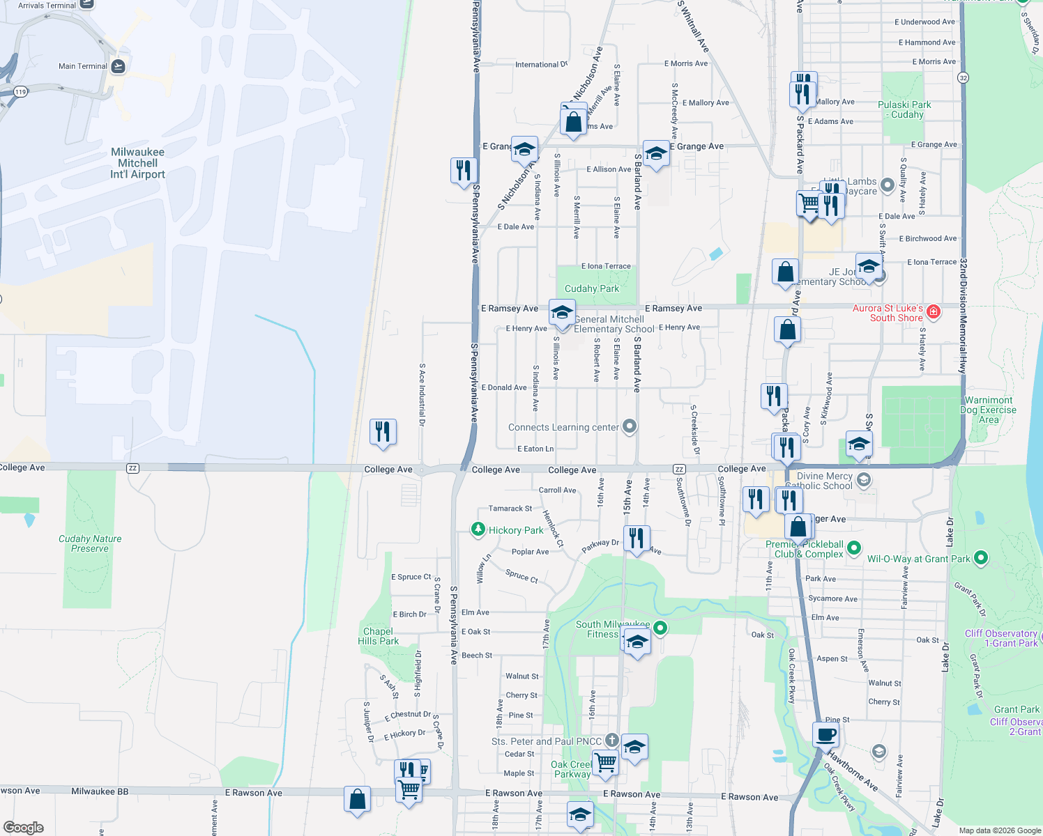 map of restaurants, bars, coffee shops, grocery stores, and more near 6162 South Delaware Avenue in Cudahy
