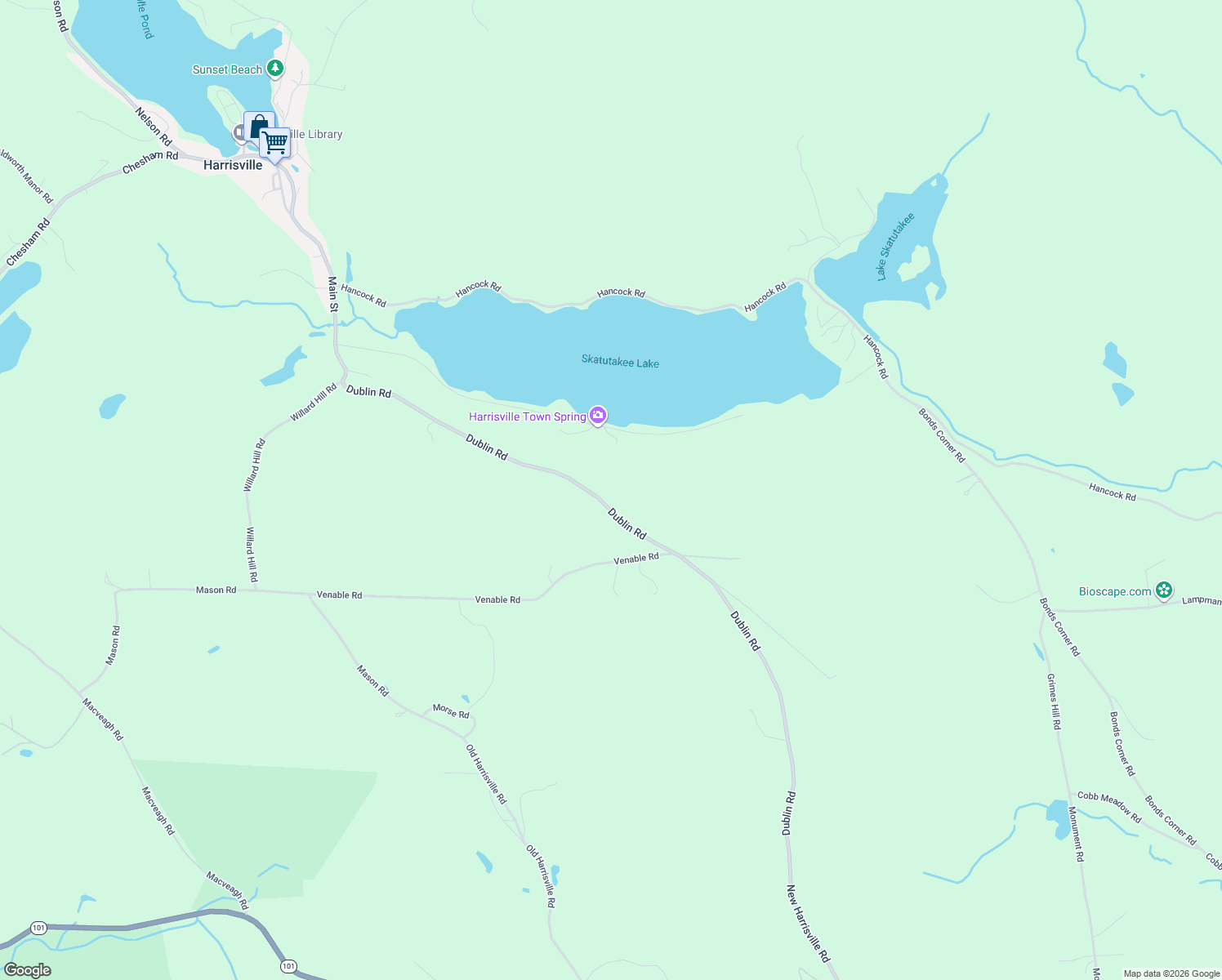 map of restaurants, bars, coffee shops, grocery stores, and more near 164 Skatutakee Road in Harrisville