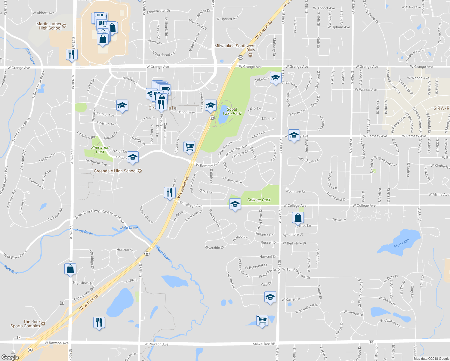map of restaurants, bars, coffee shops, grocery stores, and more near 5819 Oakwood Street in Greendale