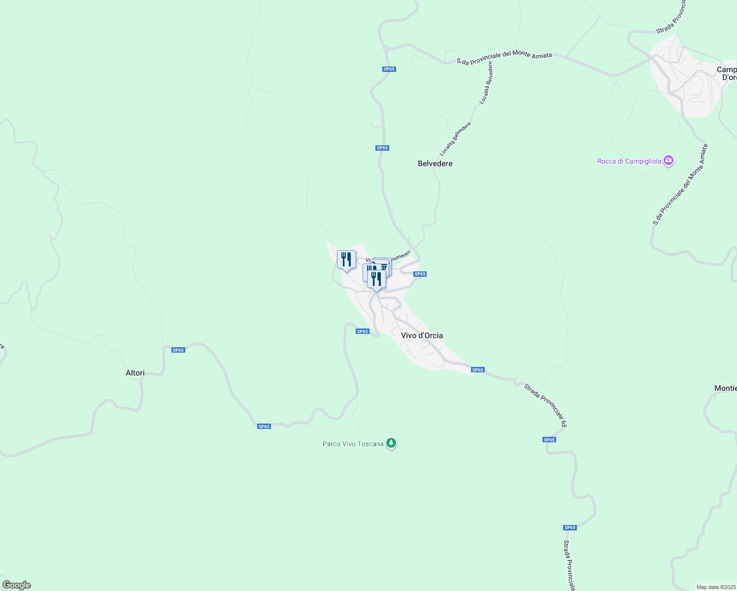 map of restaurants, bars, coffee shops, grocery stores, and more near 4 Piazza della Fontana in Vivo D'orcia