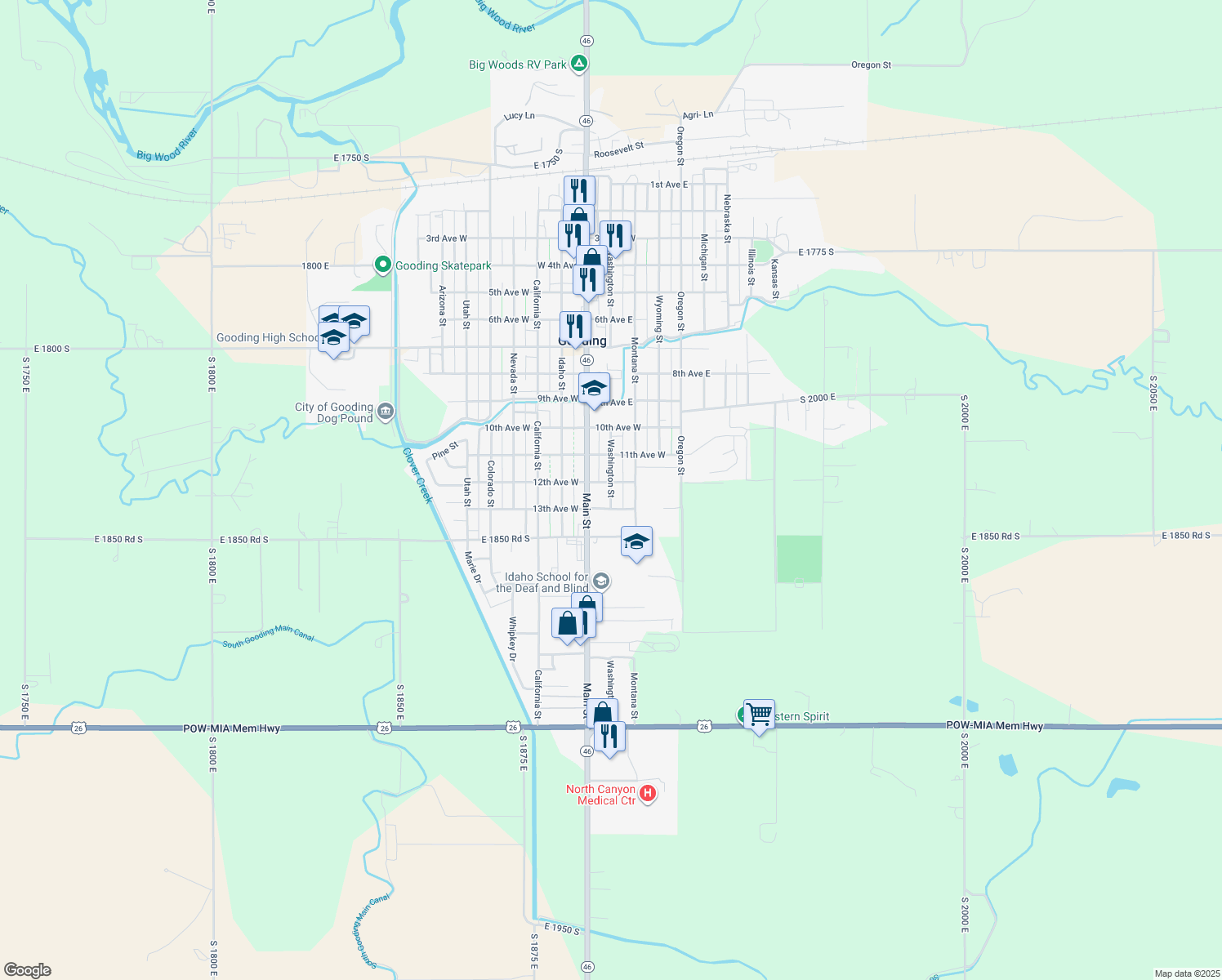 map of restaurants, bars, coffee shops, grocery stores, and more near 1212 Washington St in Gooding