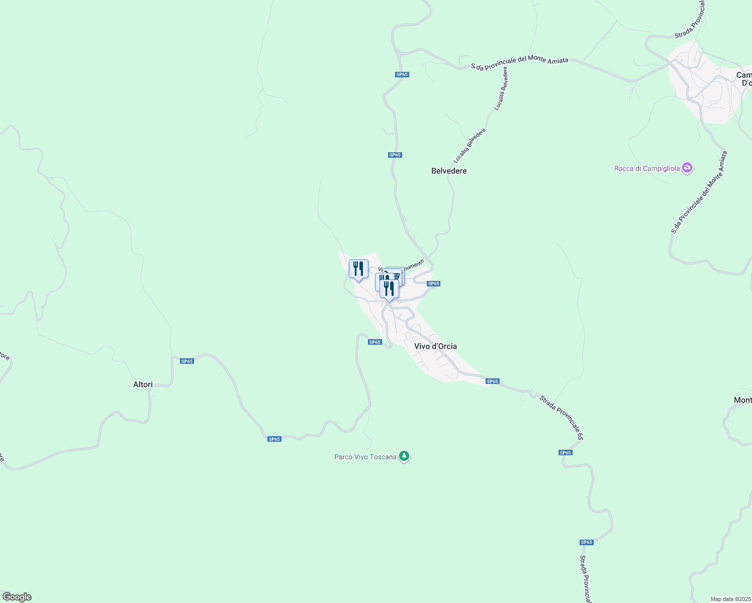 map of restaurants, bars, coffee shops, grocery stores, and more near 4 Piazza della Fontana in Vivo D'orcia
