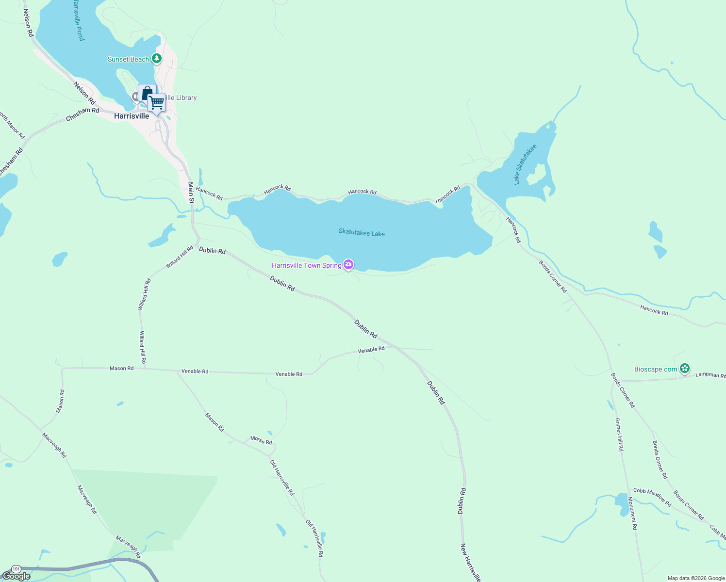 map of restaurants, bars, coffee shops, grocery stores, and more near 164 Skatutakee Lake Road in Harrisville