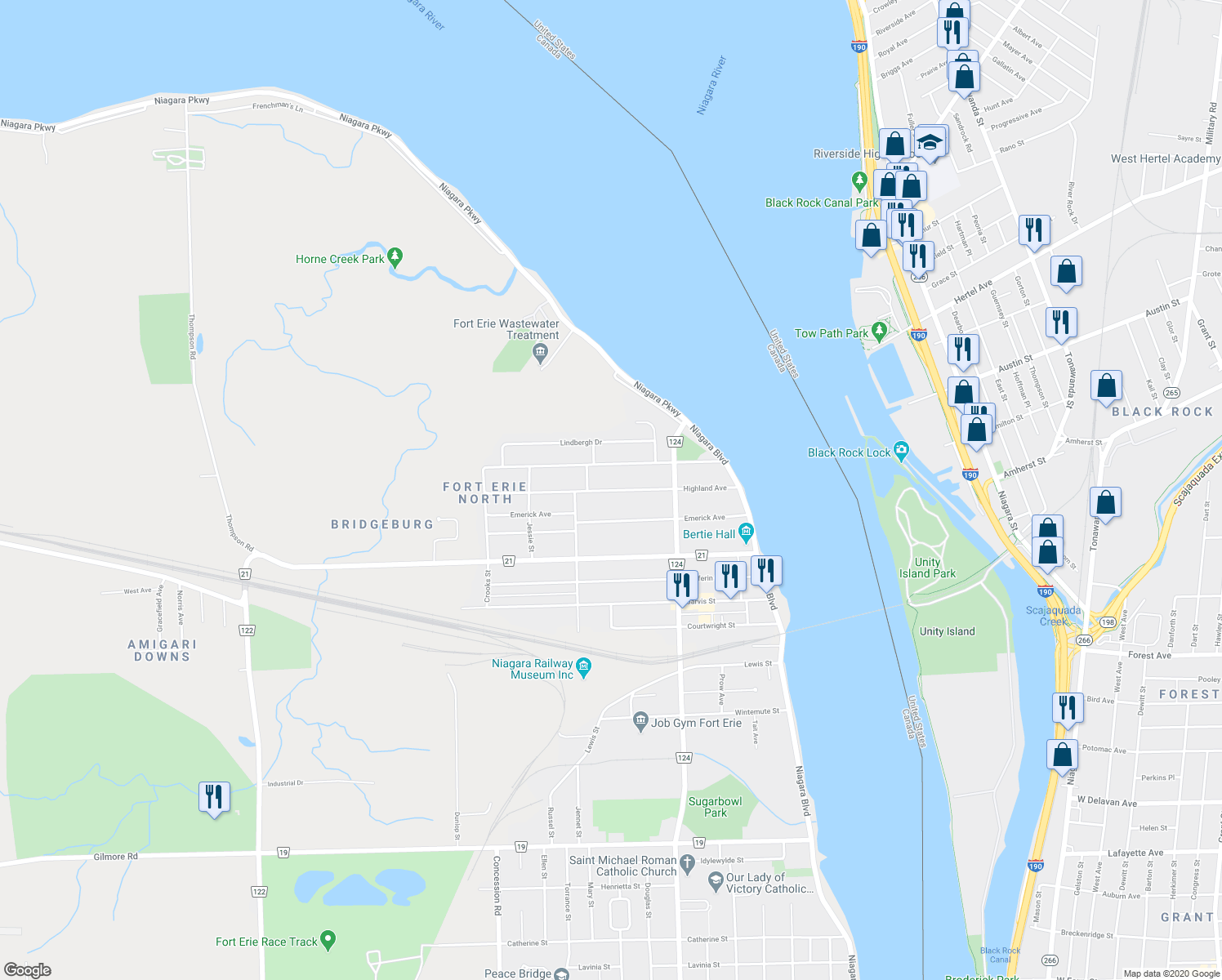 map of restaurants, bars, coffee shops, grocery stores, and more near 246 Highland Avenue in Fort Erie