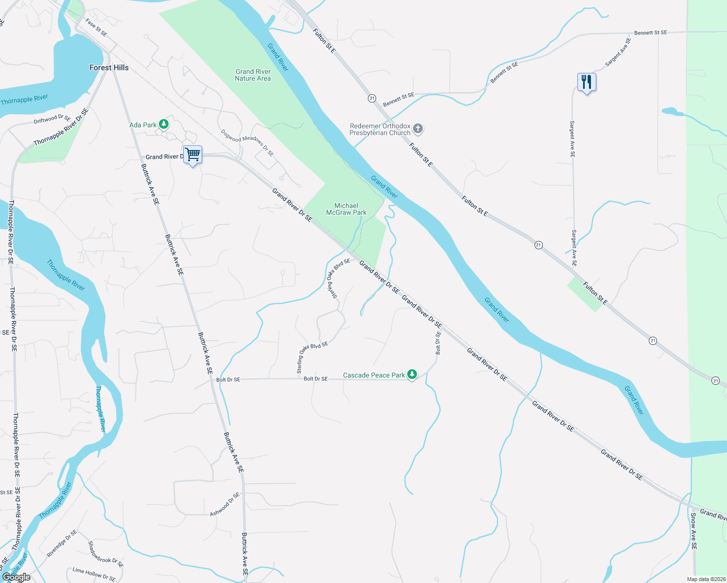 map of restaurants, bars, coffee shops, grocery stores, and more near 1680 Sterling Oaks Boulevard Southeast in Forest Hills