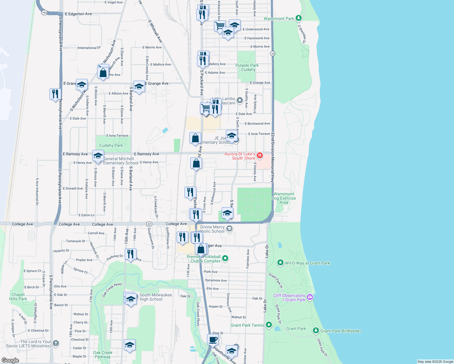 map of restaurants, bars, coffee shops, grocery stores, and more near 3736 East Klieforth Avenue in Cudahy